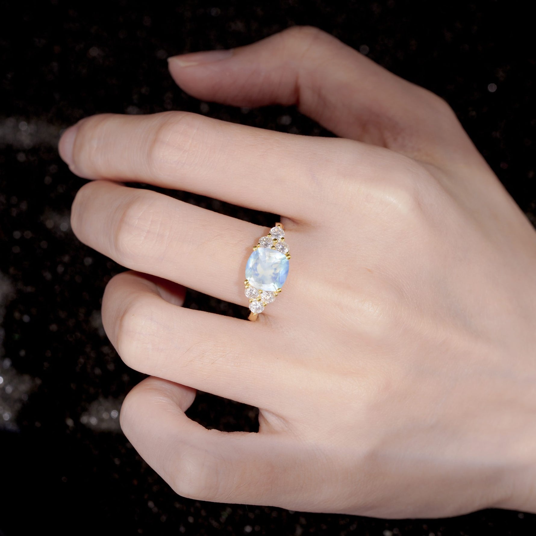 Cushion Cut Moonstone Graduated Cluster Side Stone Engagement Ring - Additional view