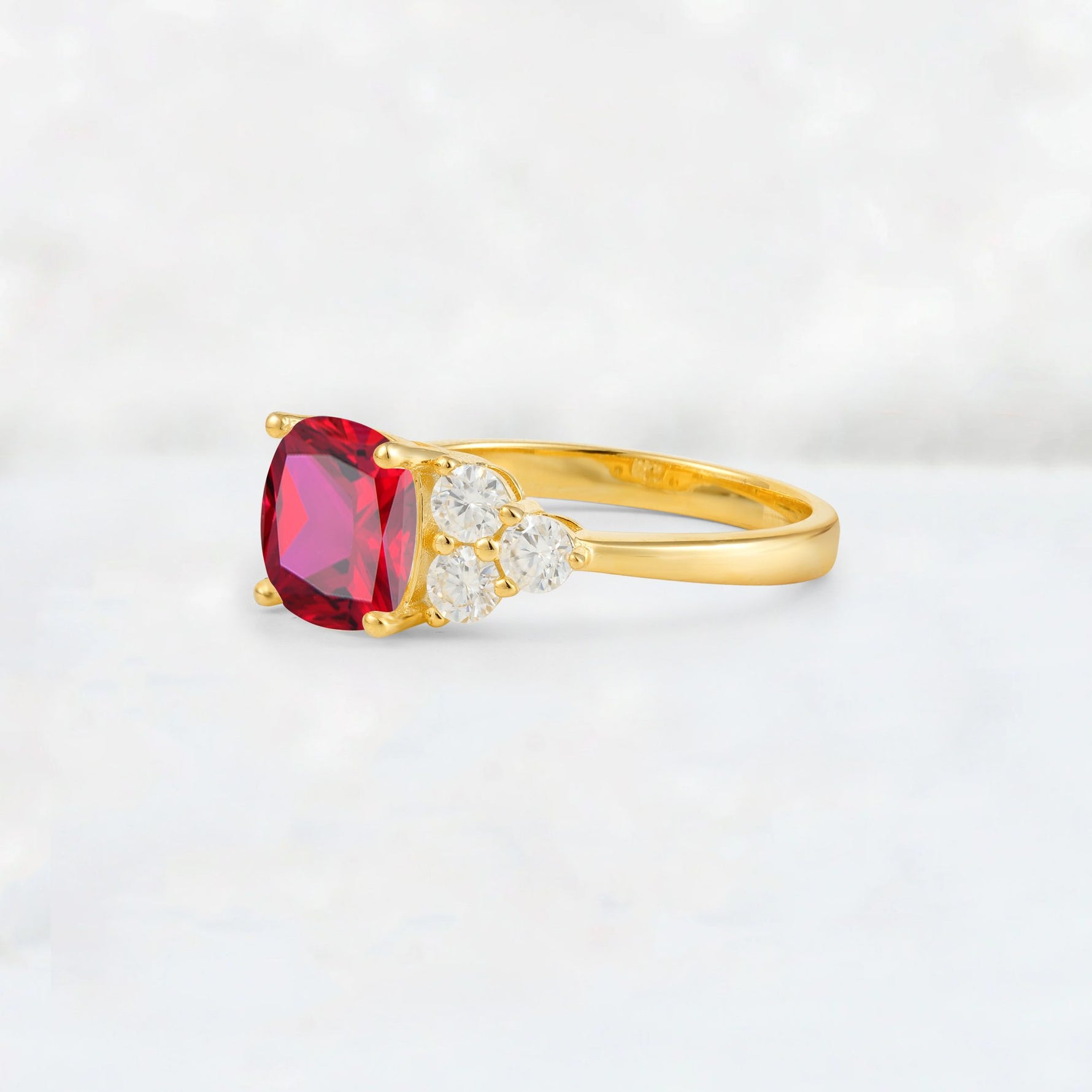 Cushion Cut Ruby Graduated Cluster Side Stone Engagement Ring - Additional view