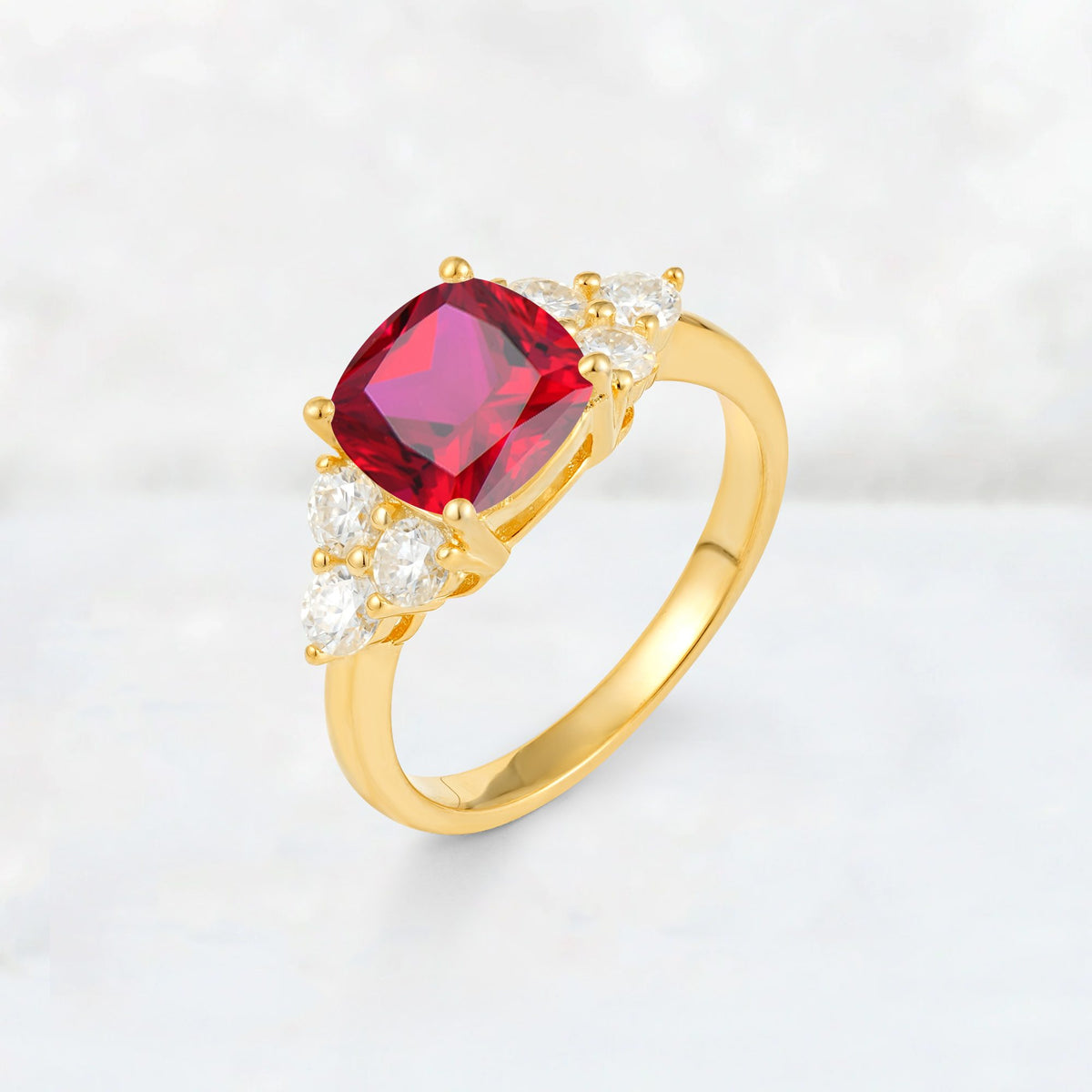 Cushion Cut Ruby Graduated Cluster Side Stone Engagement Ring - Additional view