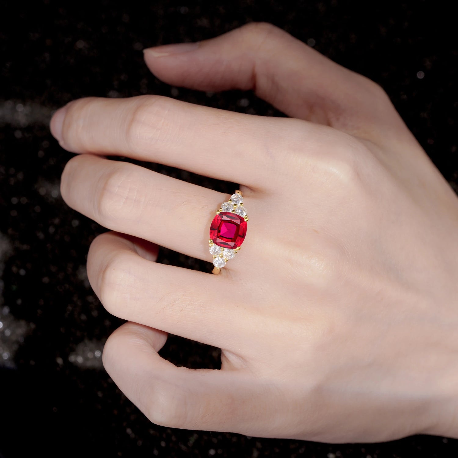 Cushion Cut Ruby Graduated Cluster Side Stone Engagement Ring - Additional view