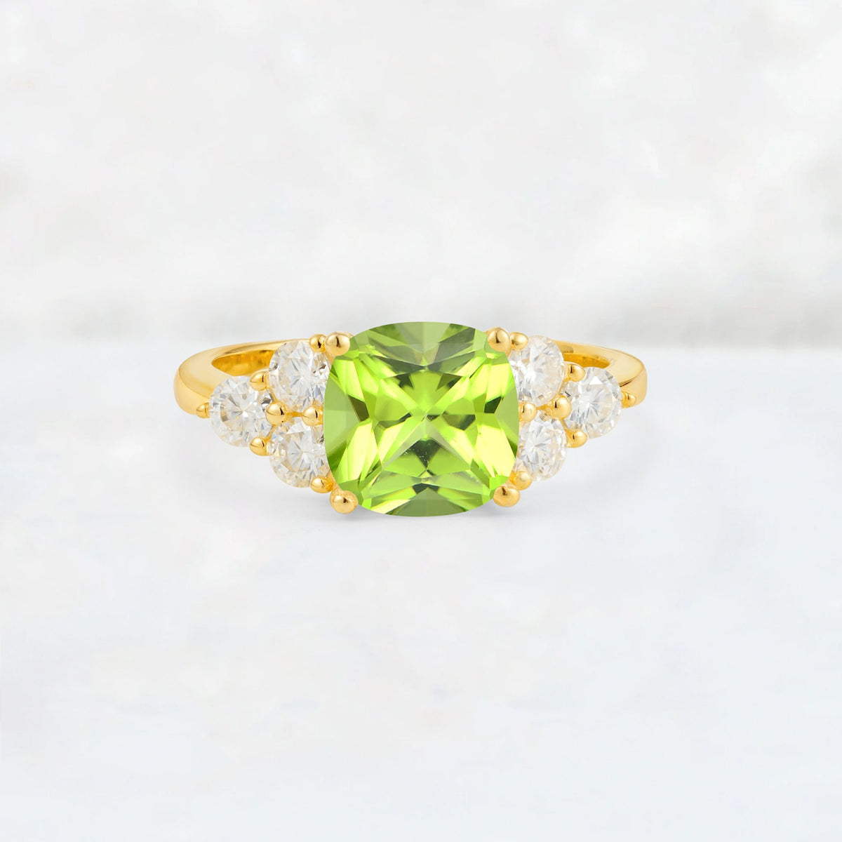 Cushion Cut Peridot Graduated Cluster Side Stone Engagement Ring - Additional view