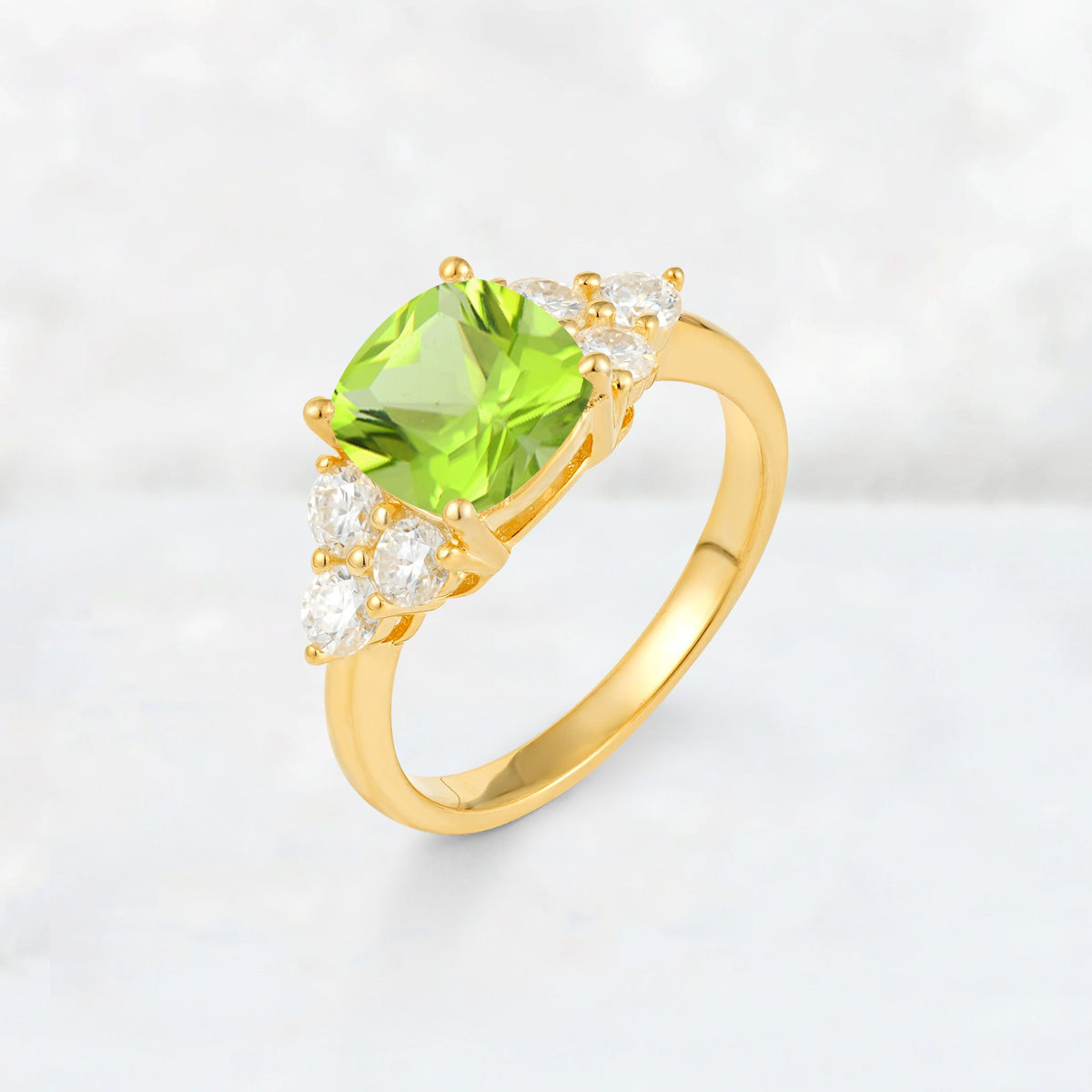 Cushion Cut Peridot Graduated Cluster Side Stone Engagement Ring - Additional view