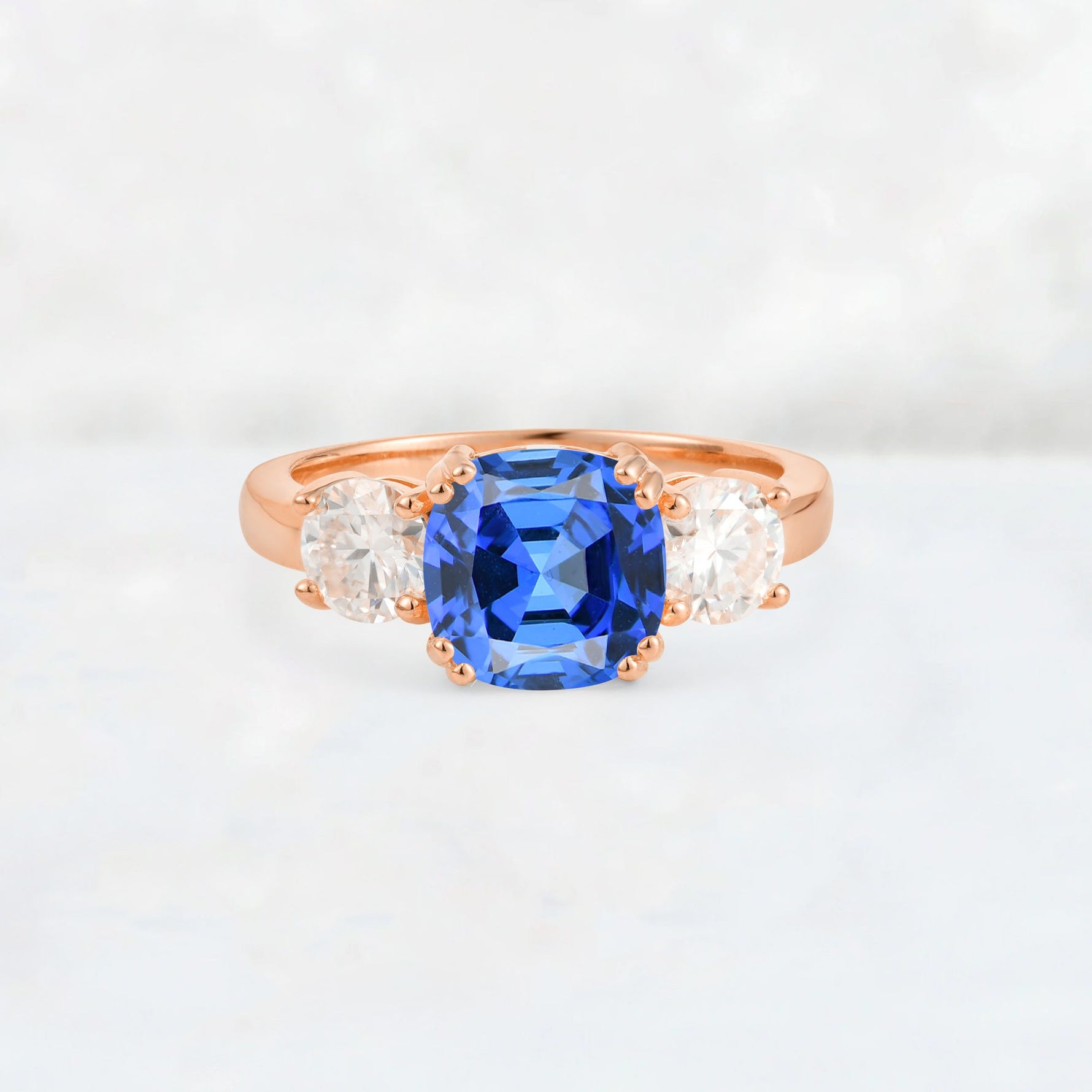 Cushion Sapphire Round Side Stone Three-Stone Engagement Ring - Additional view