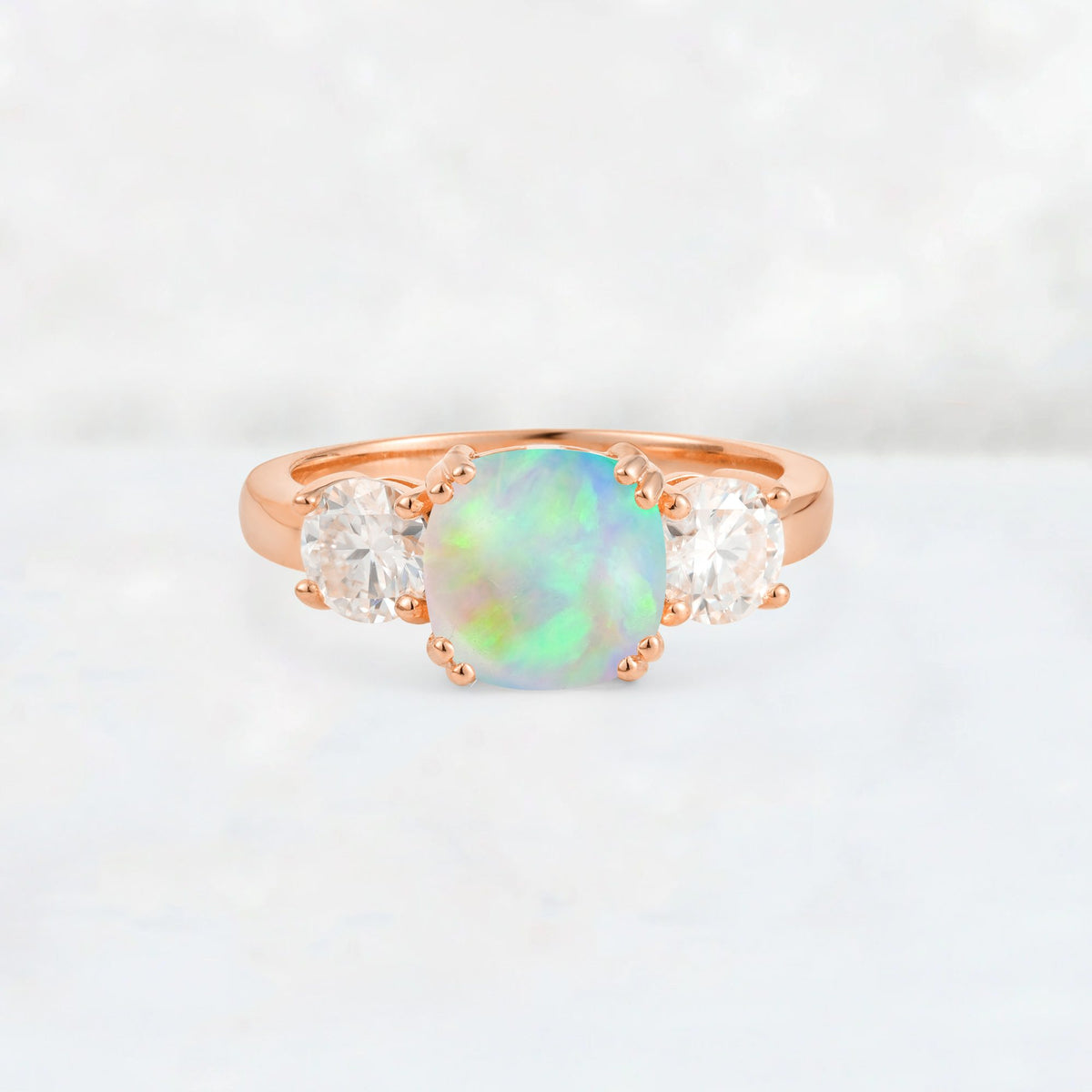 Cushion Fire Opal Round Side Stone Three-Stone Engagement Ring - Additional view