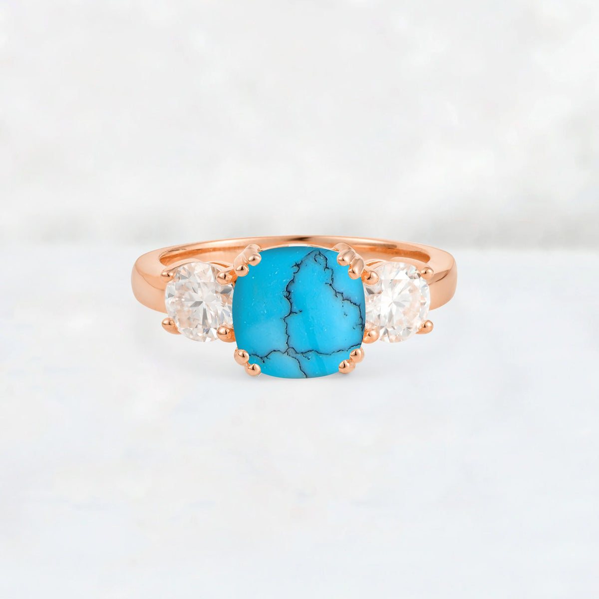 Cushion Turquoise Round Side Stone Three-Stone Engagement Ring - Additional view