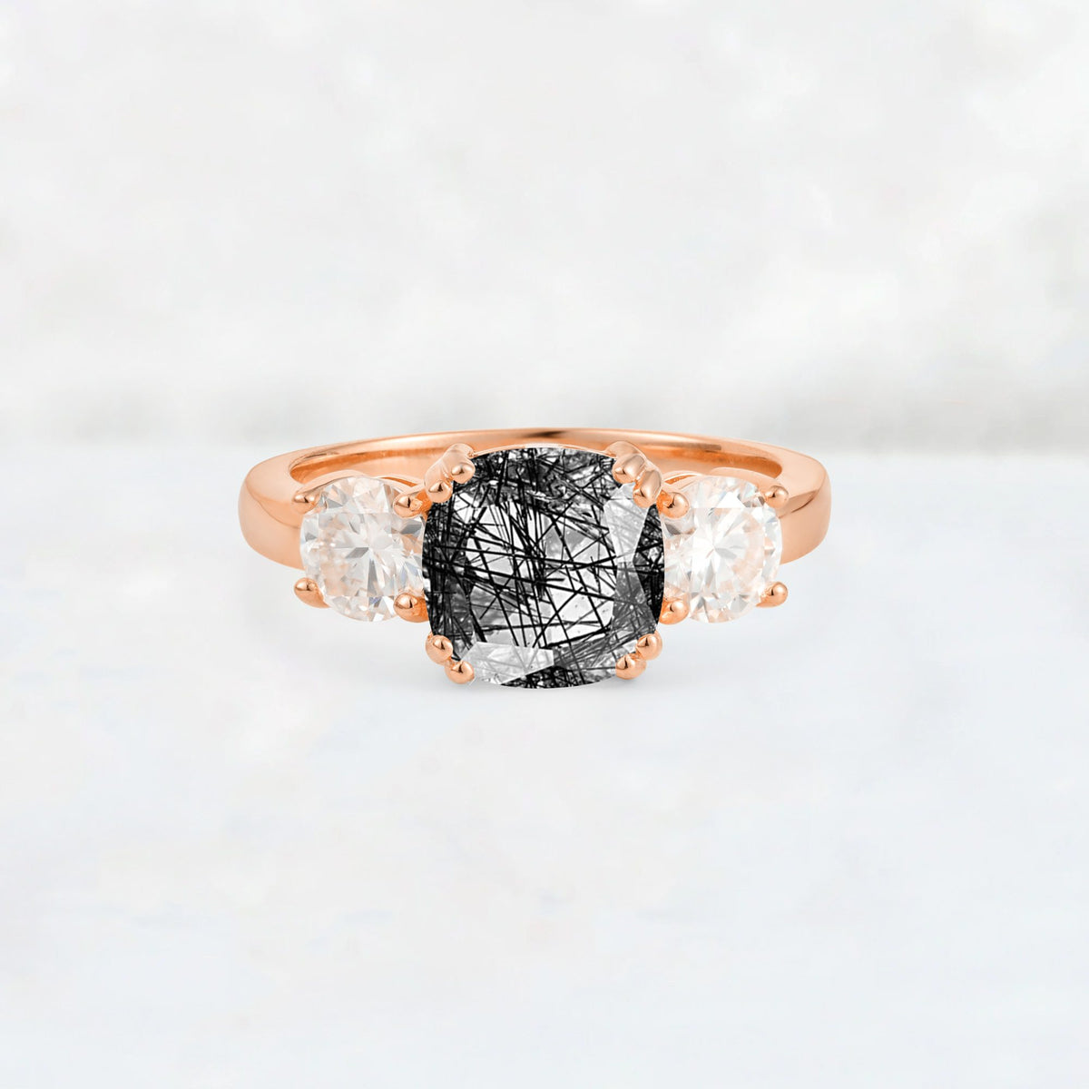 Cushion Black Rutilated Quartz Round Side Stone Three-Stone Engagement Ring - Additional view