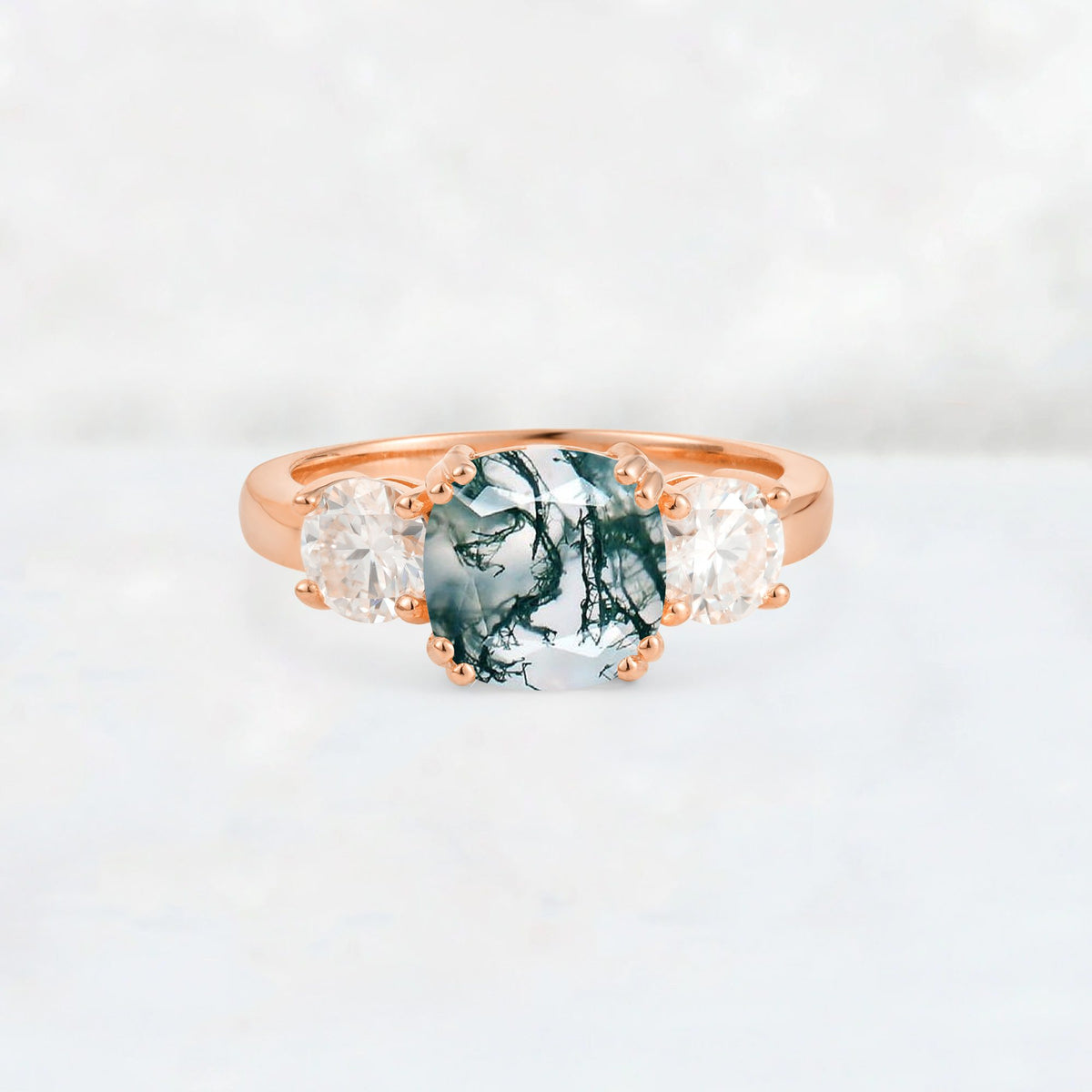 Cushion Moss Agate Round Side Stone Three-Stone Engagement Ring - Additional view