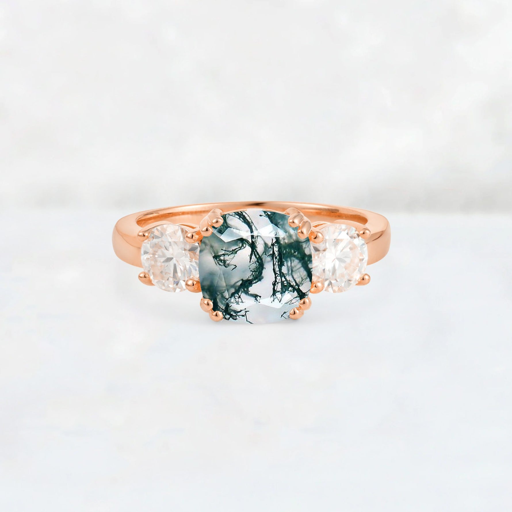 Cushion Moss Agate Round Side Stone Three-Stone Engagement Ring - Additional view