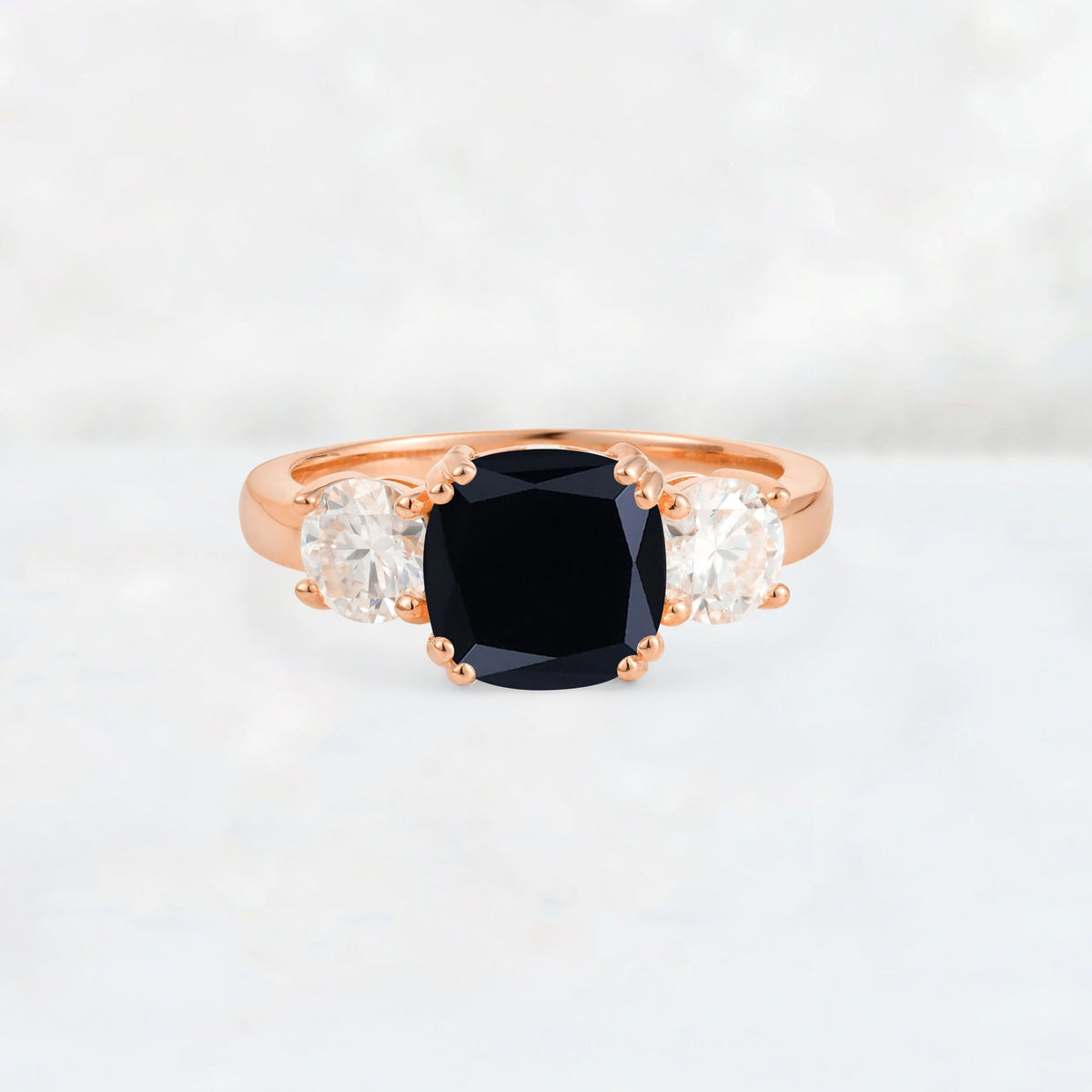 Cushion Black Onyx Round Side Stone Three-Stone Engagement Ring - Additional view