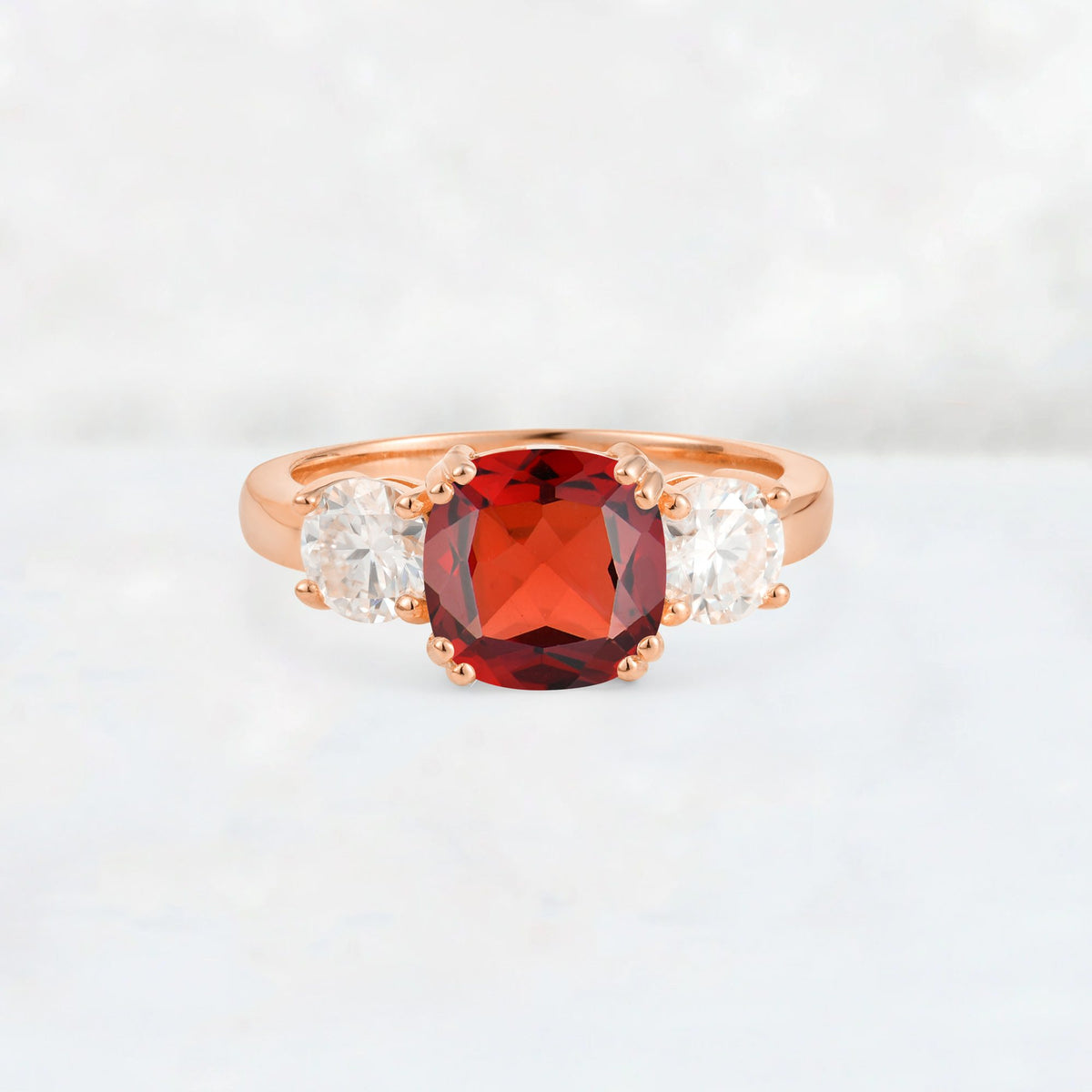 Cushion Garnet Round Side Stone Three-Stone Engagement Ring - Additional view