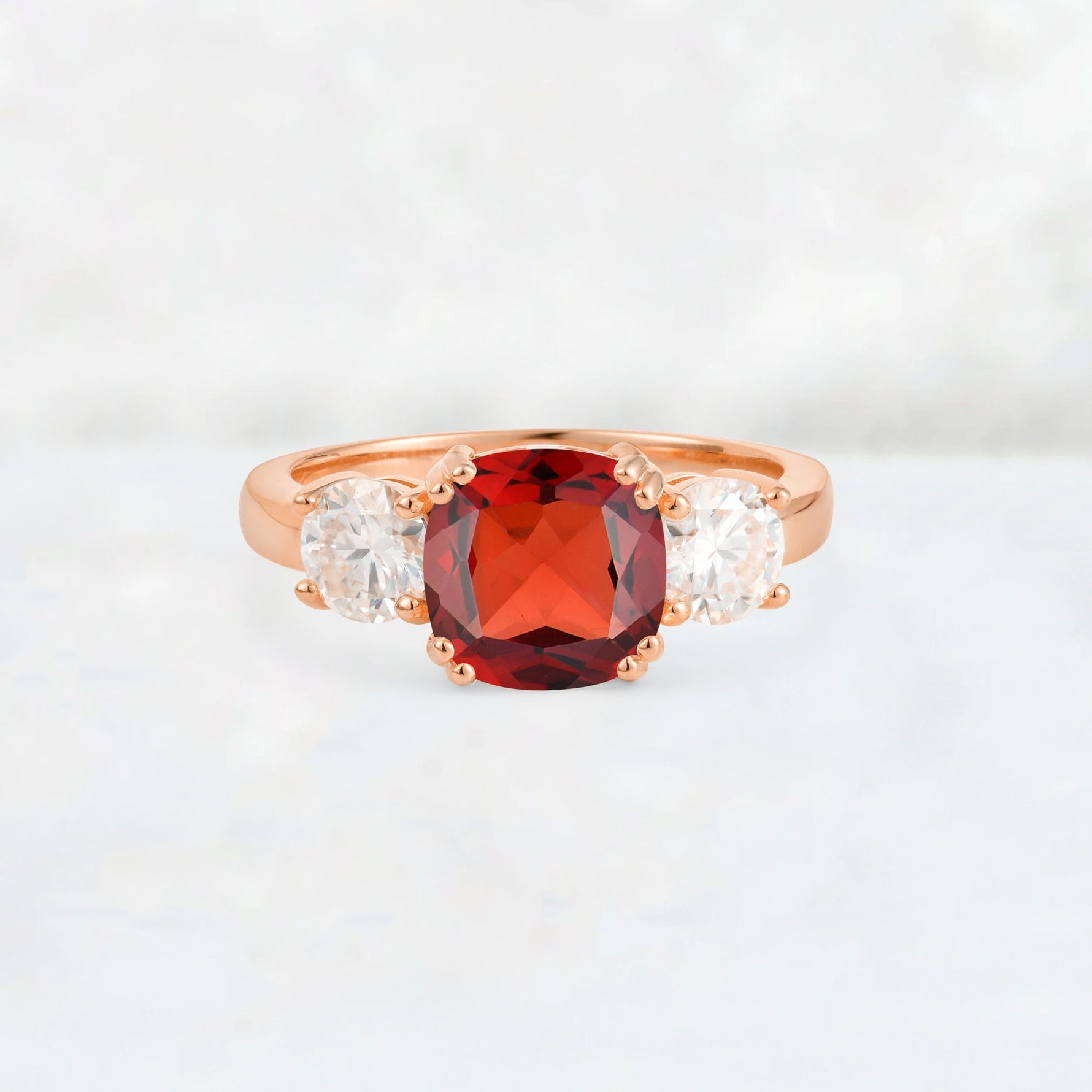 Cushion Garnet Round Side Stone Three-Stone Engagement Ring - Additional view