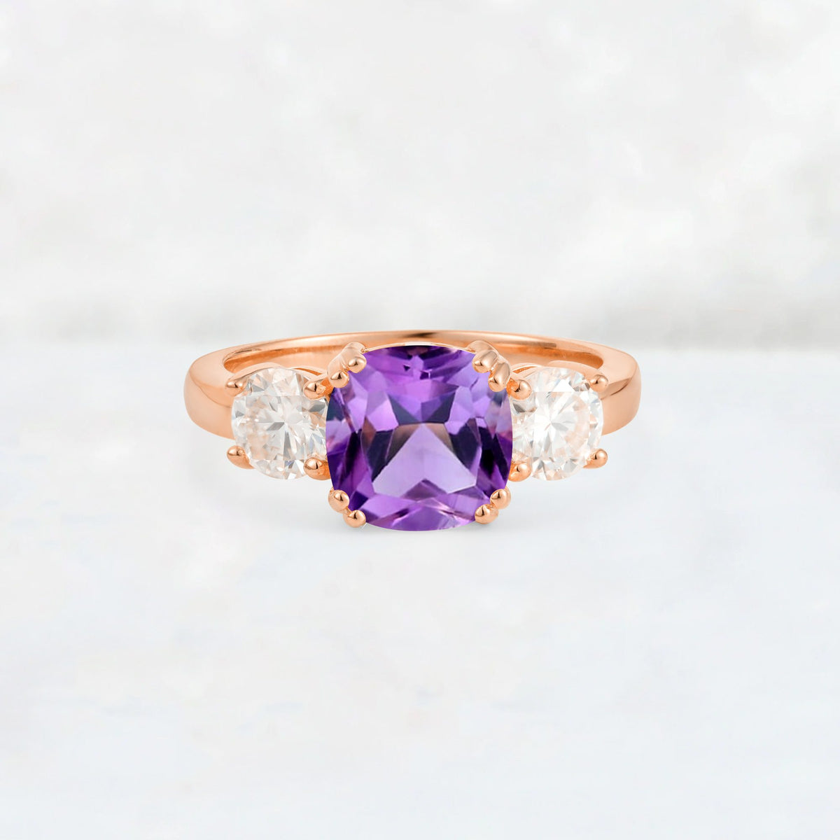 Cushion Amethyst Round Side Stone Three-Stone Engagement Ring - Additional view