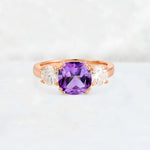 Cushion Amethyst Round Side Stone Three-Stone Engagement Ring - Additional view