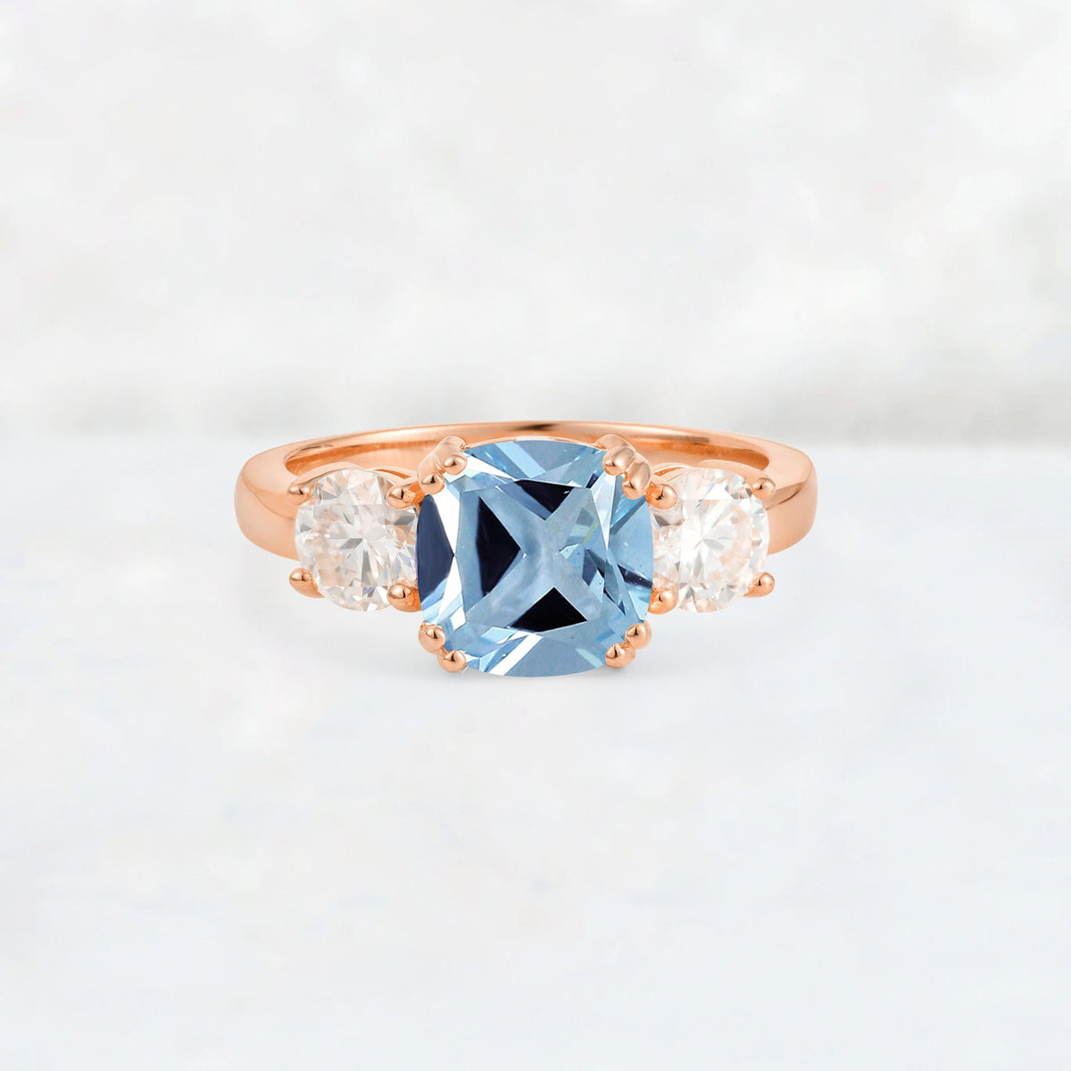 Cushion Aquamarine Round Side Stone Three-Stone Engagement Ring - Additional view