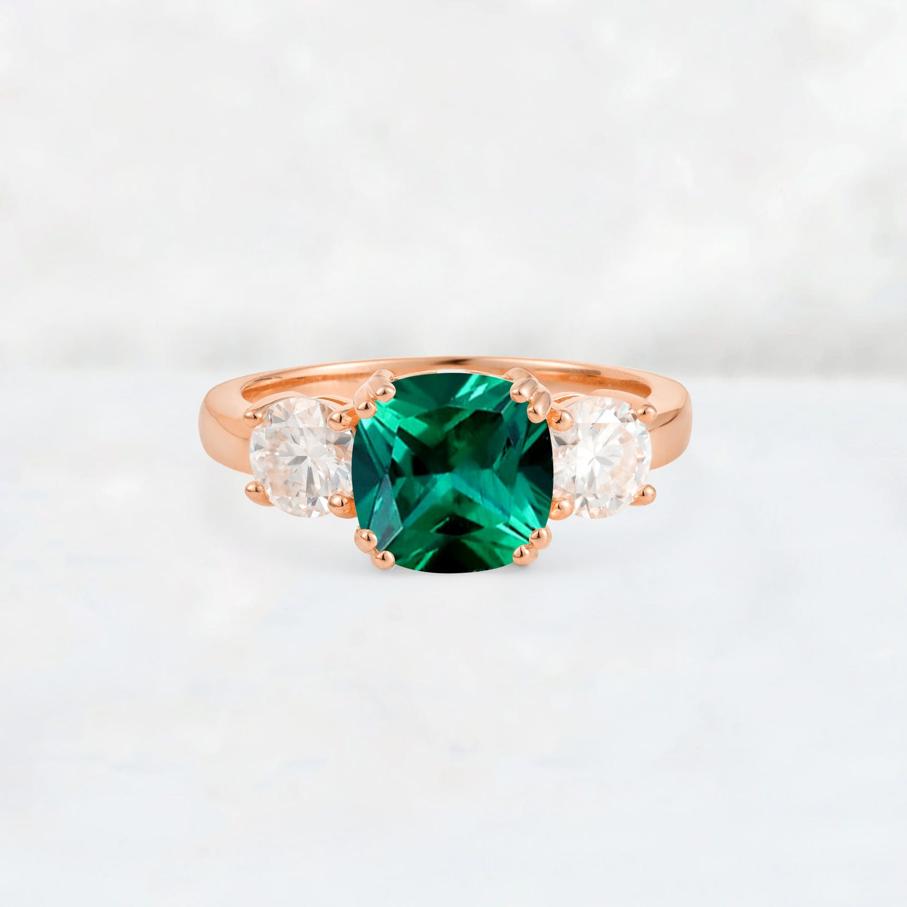 Cushion Emerald Round Side Stone Three-Stone Engagement Ring - Additional view