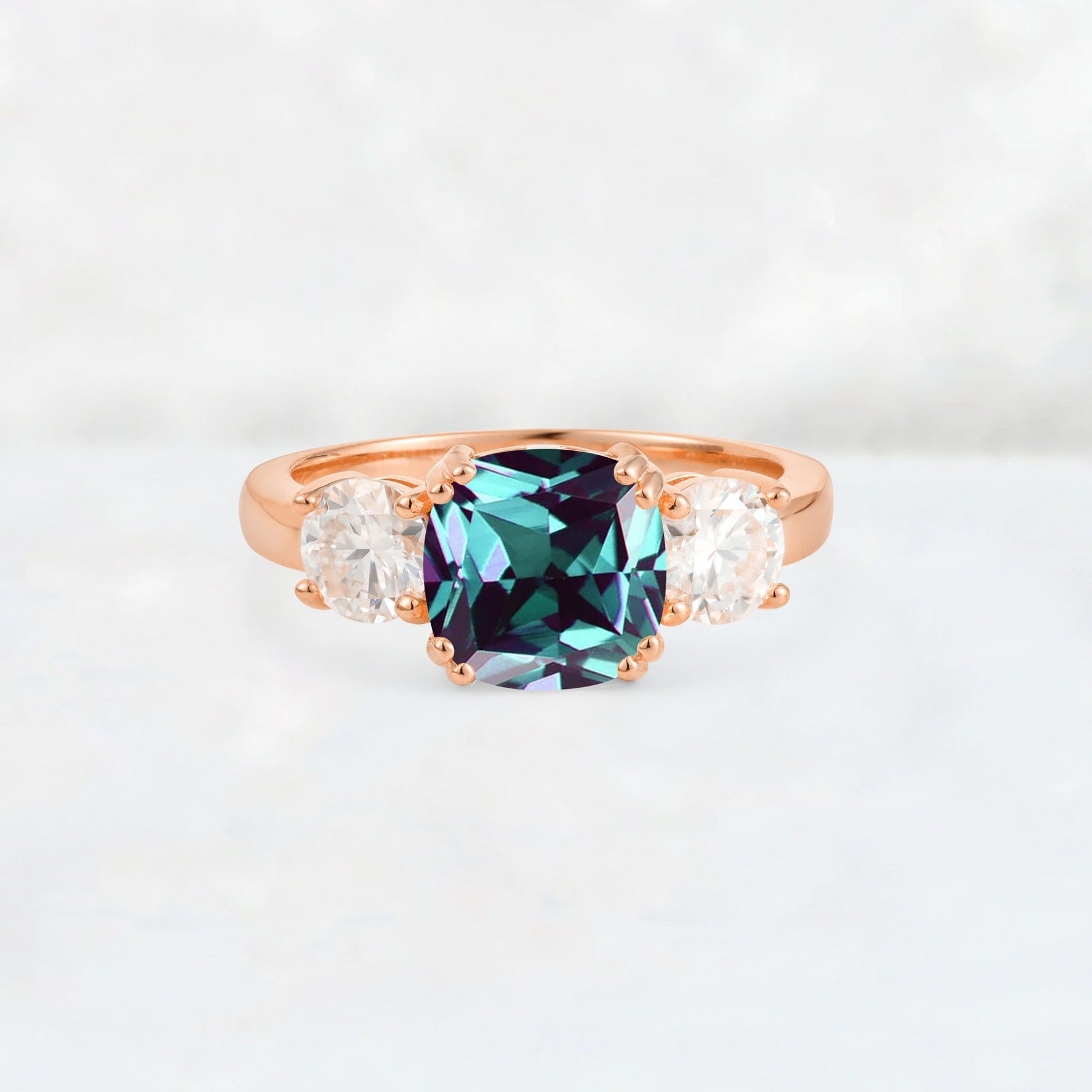 Cushion Alexandrite Round Side Stone Three-Stone Engagement Ring - Additional view