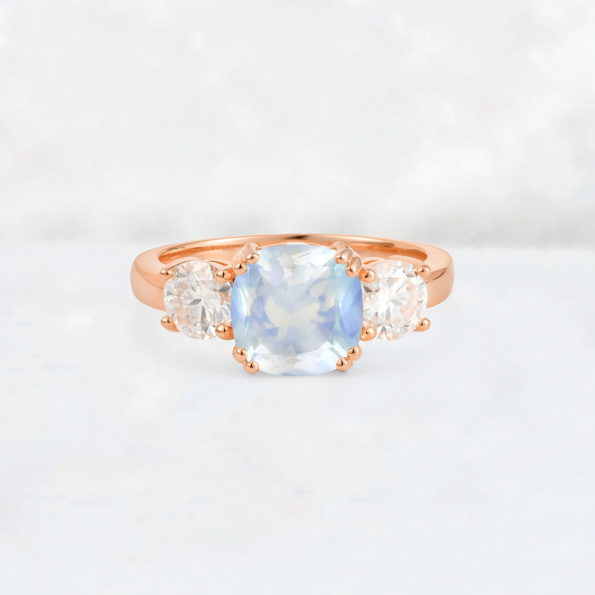 Cushion Moonstone Round Side Stone Three-Stone Engagement Ring - Additional view