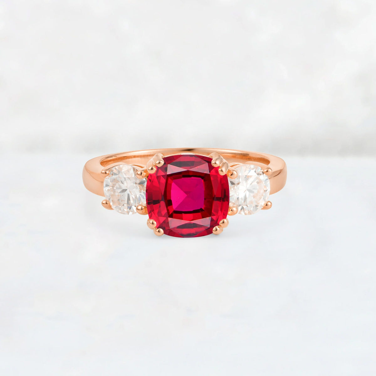 Cushion Ruby Round Side Stone Three-Stone Engagement Ring - Additional view