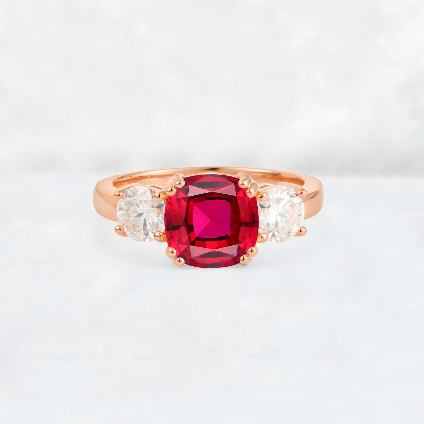 Cushion Ruby Round Side Stone Three-Stone Engagement Ring - Additional view
