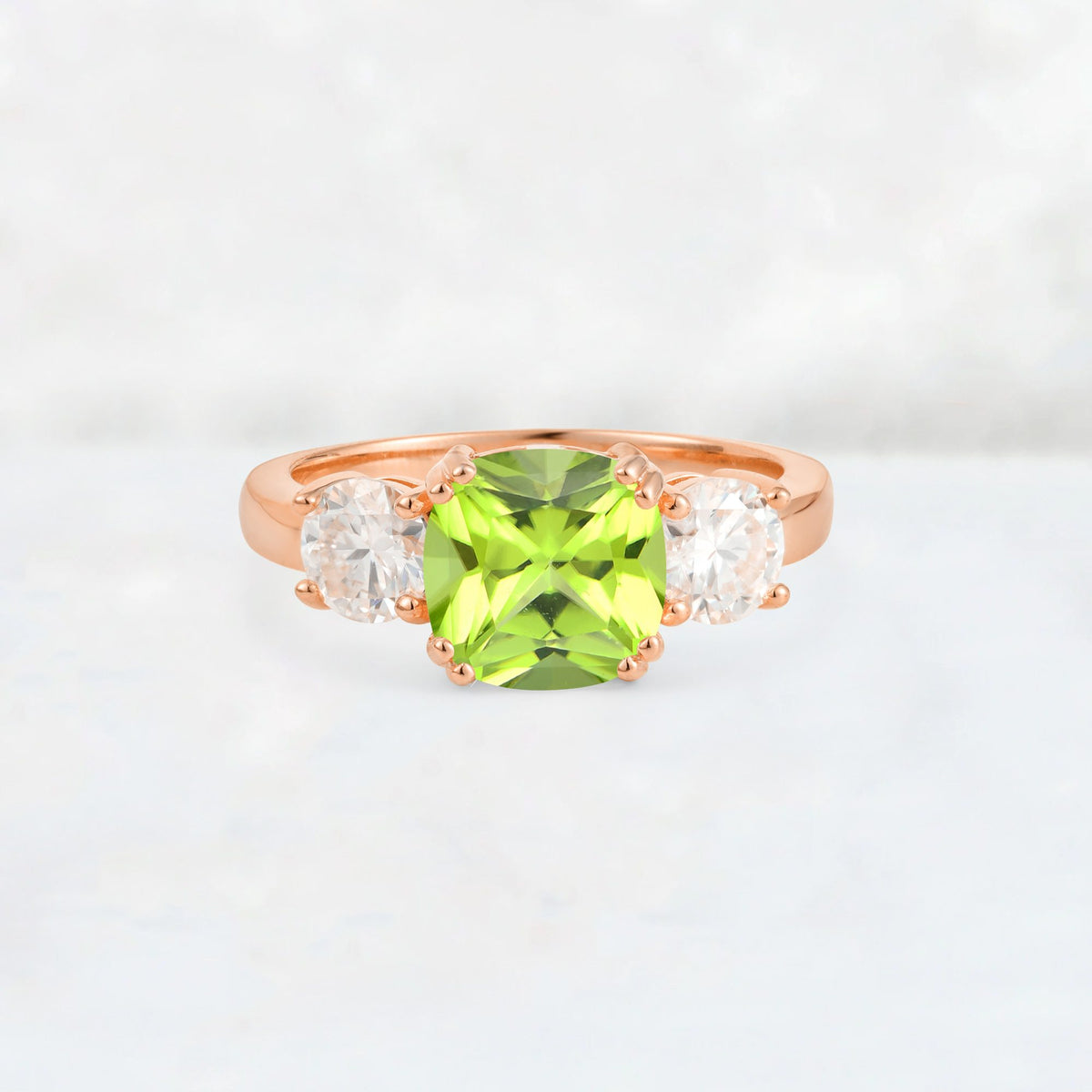 Cushion Peridot Round Side Stone Three-Stone Engagement Ring - Additional view