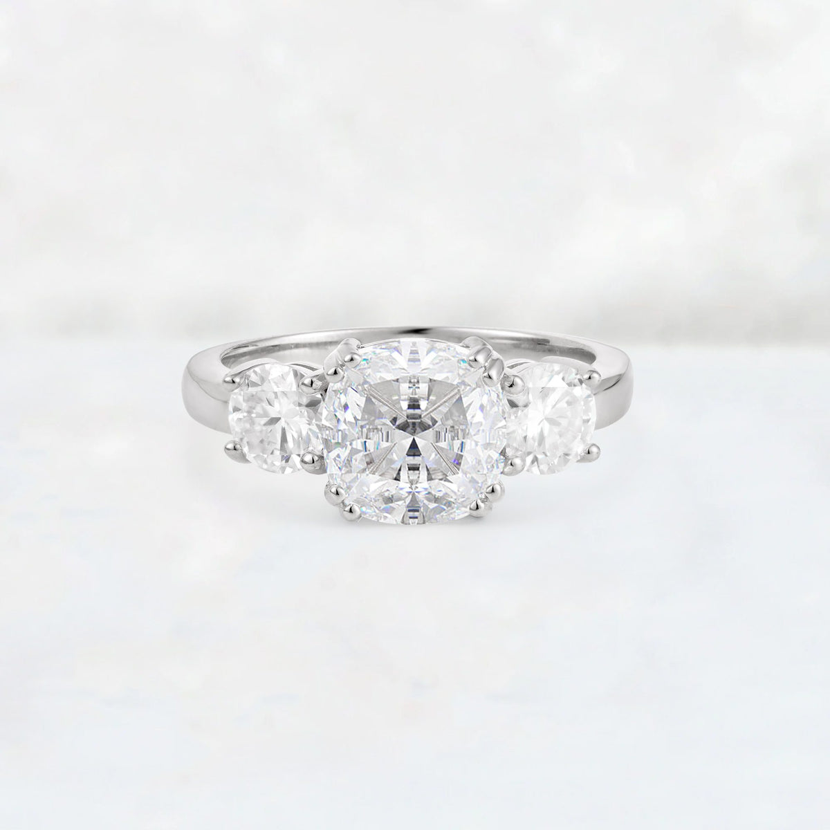 Cushion Moissanite Round Side Stone Three-Stone Engagement Ring - Additional view
