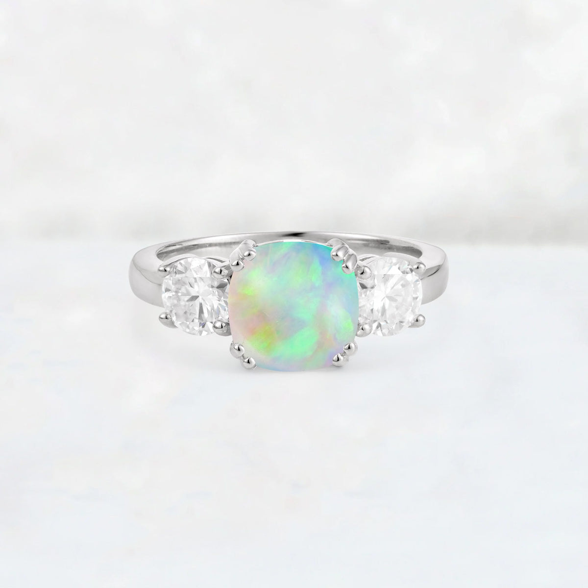 Cushion Fire Opal Round Side Stone Three-Stone Engagement Ring - Additional view