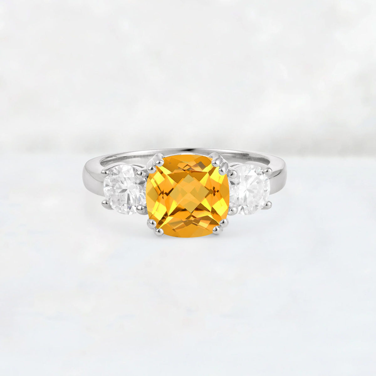 Cushion Citrine Round Side Stone Three-Stone Engagement Ring - Additional view