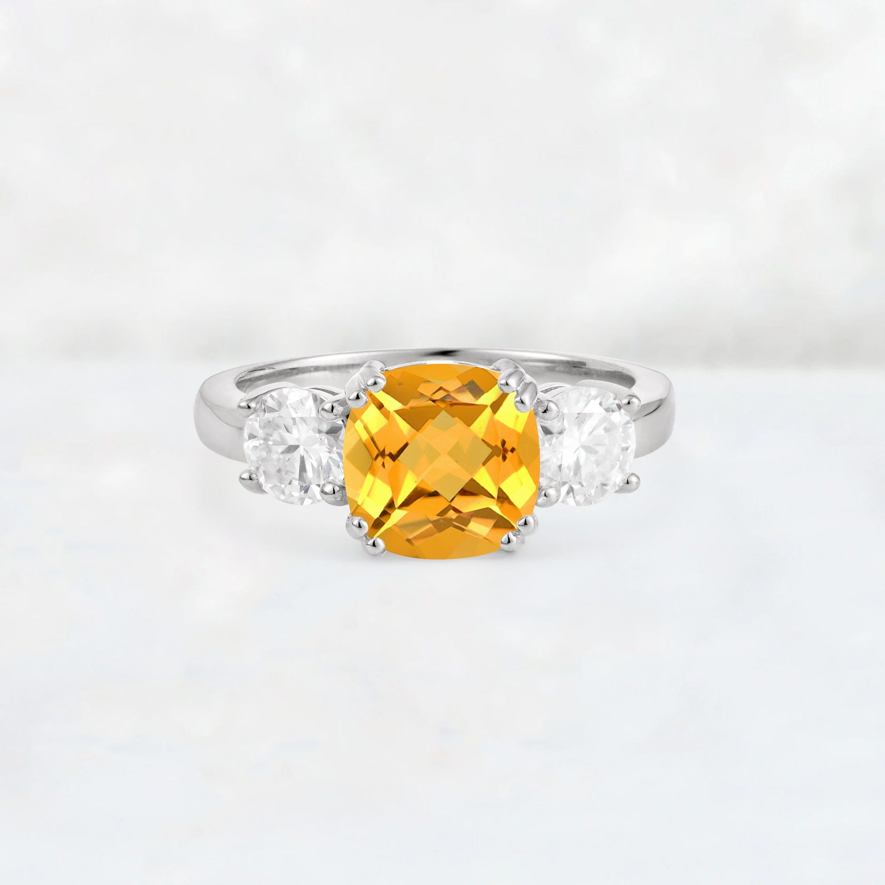 Cushion Citrine Round Side Stone Three-Stone Engagement Ring - Additional view