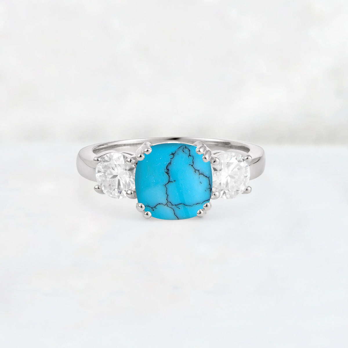 Cushion Turquoise Round Side Stone Three-Stone Engagement Ring - Additional view