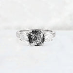 Cushion Black Rutilated Quartz Round Side Stone Three-Stone Engagement Ring - Additional view