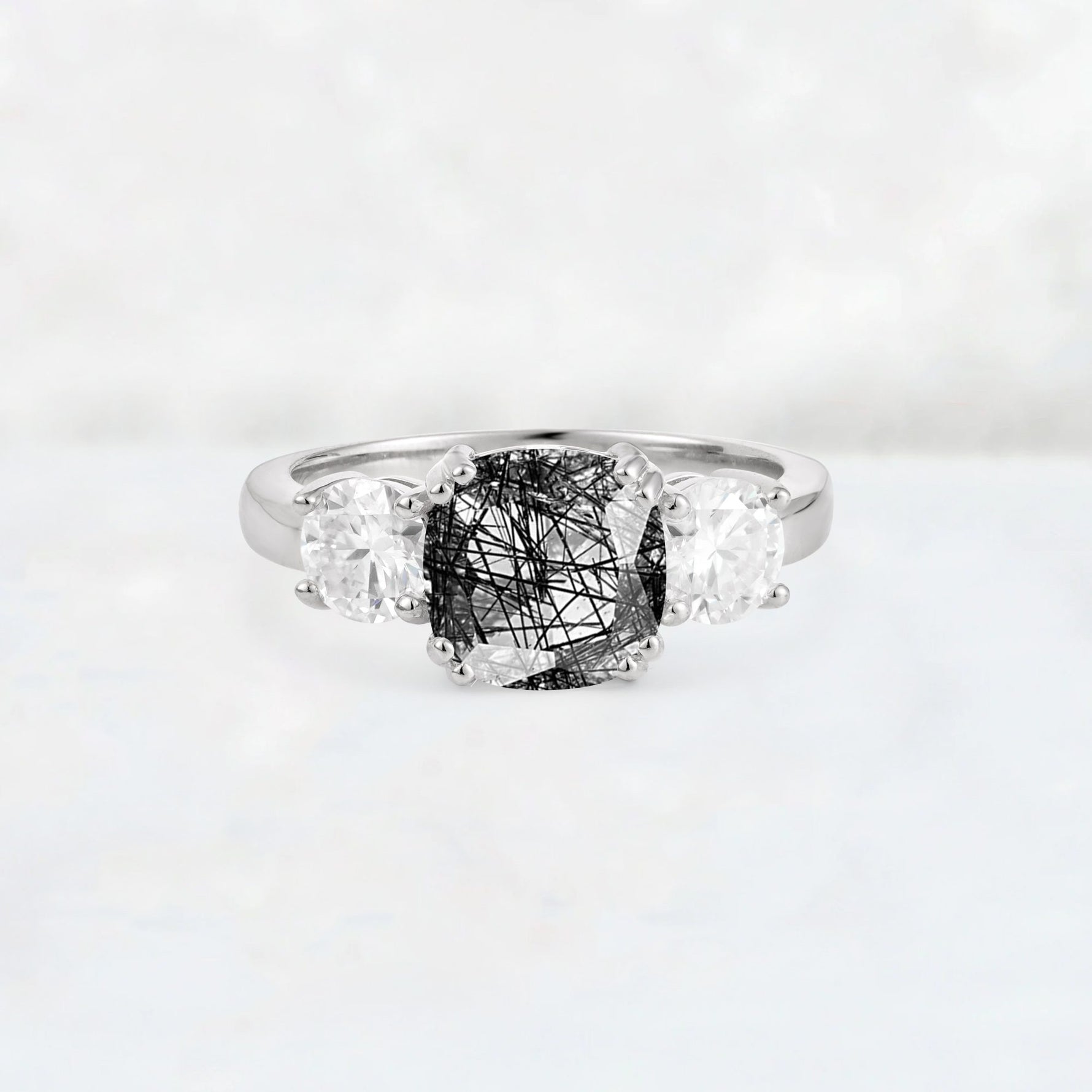 Cushion Black Rutilated Quartz Round Side Stone Three-Stone Engagement Ring - Additional view