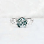 Cushion Moss Agate Round Side Stone Three-Stone Engagement Ring - Additional view
