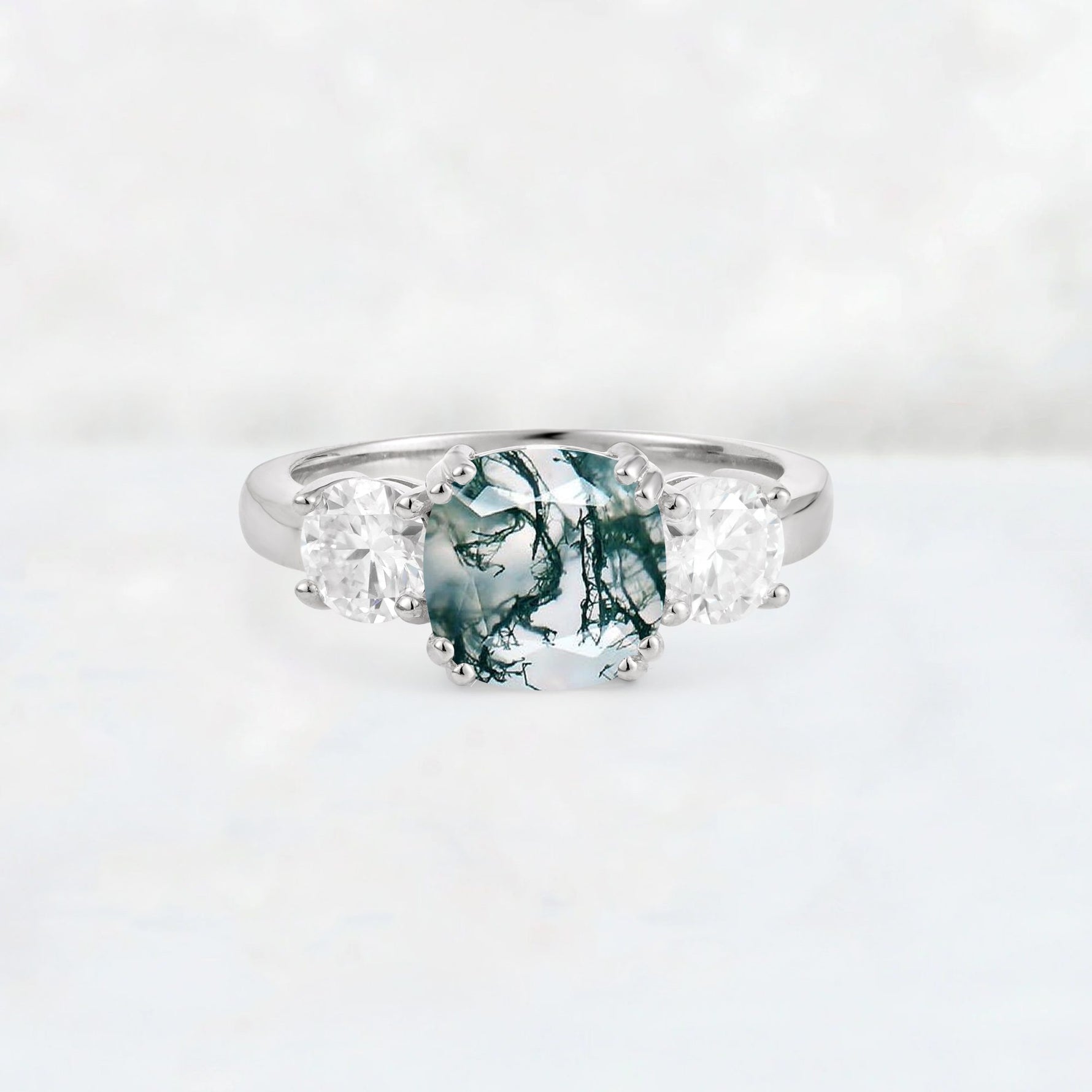 Cushion Moss Agate Round Side Stone Three-Stone Engagement Ring - Additional view