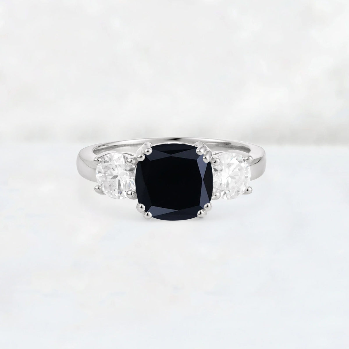 Cushion Black Onyx Round Side Stone Three-Stone Engagement Ring - Additional view