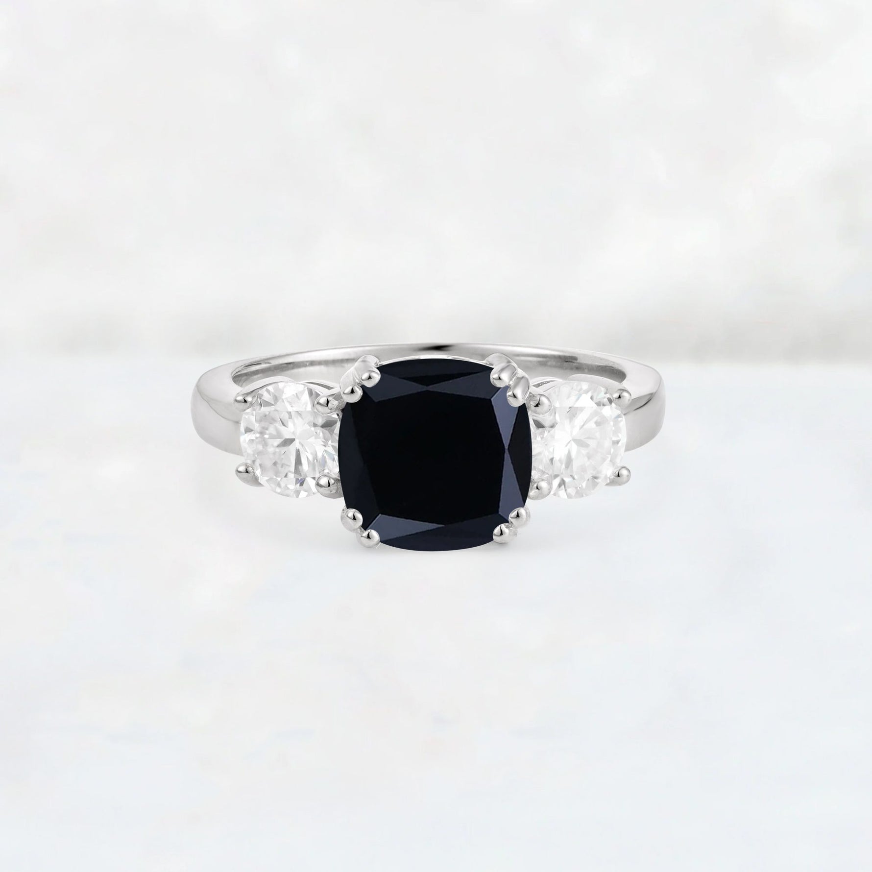 Cushion Black Onyx Round Side Stone Three-Stone Engagement Ring - Additional view