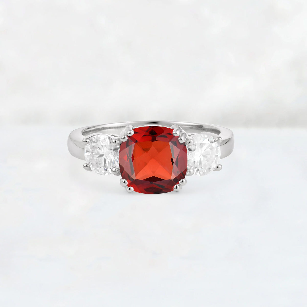 Cushion Garnet Round Side Stone Three-Stone Engagement Ring - Additional view