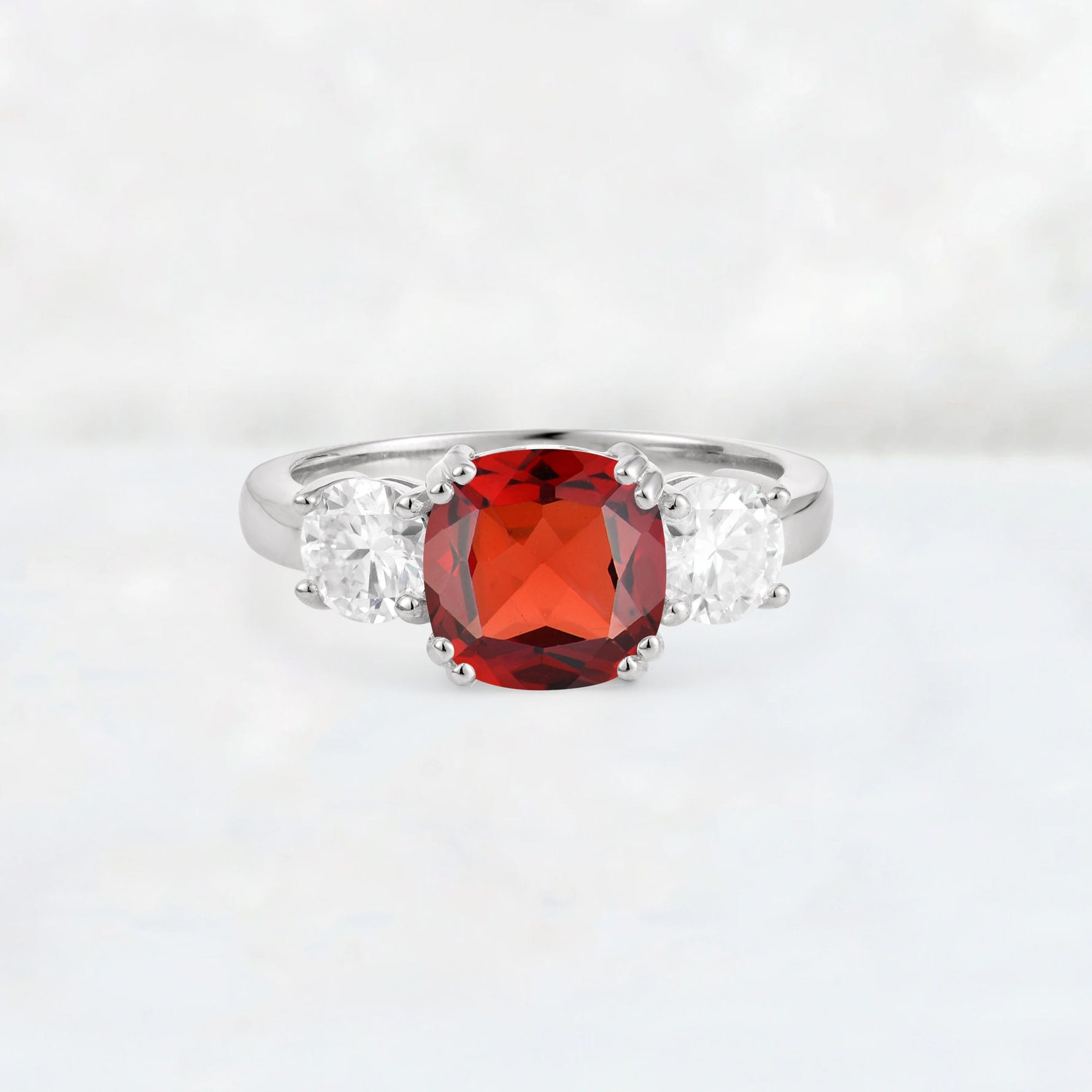 Cushion Garnet Round Side Stone Three-Stone Engagement Ring - Additional view