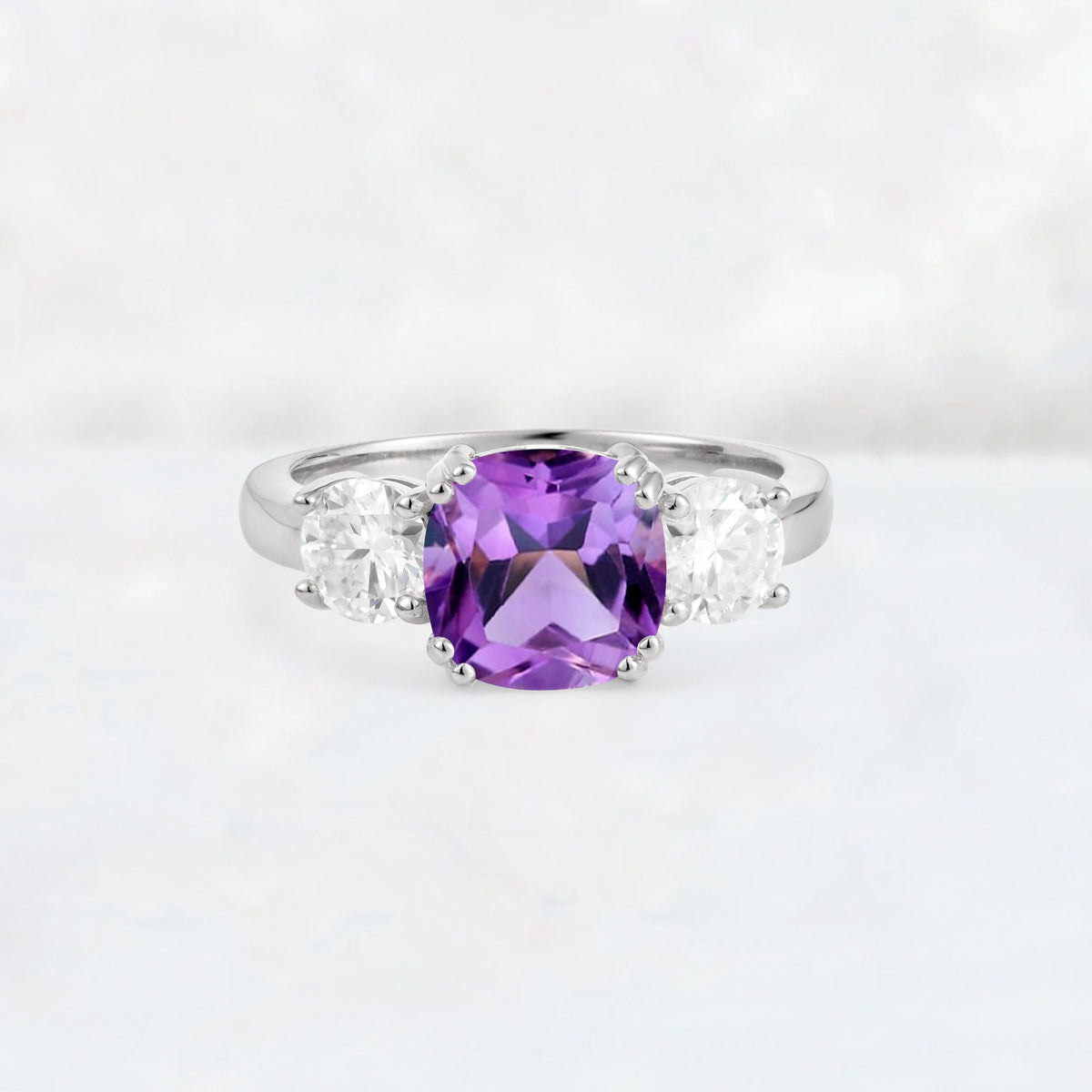 Cushion Amethyst Round Side Stone Three-Stone Engagement Ring - Additional view
