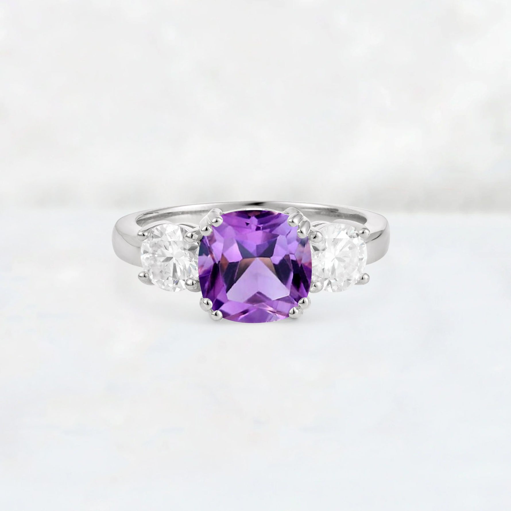 Cushion Amethyst Round Side Stone Three-Stone Engagement Ring - Additional view
