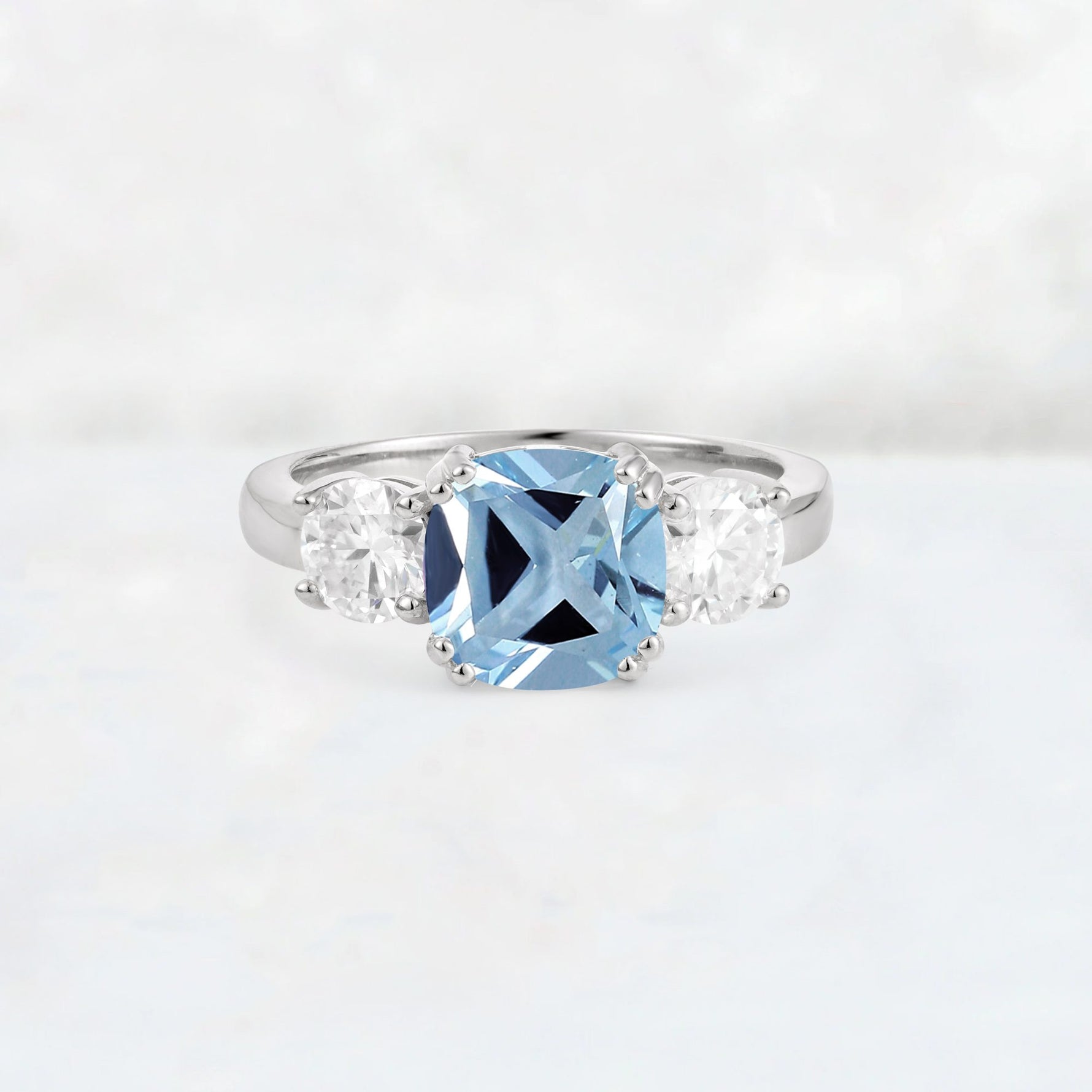 Cushion Aquamarine Round Side Stone Three-Stone Engagement Ring - Additional view
