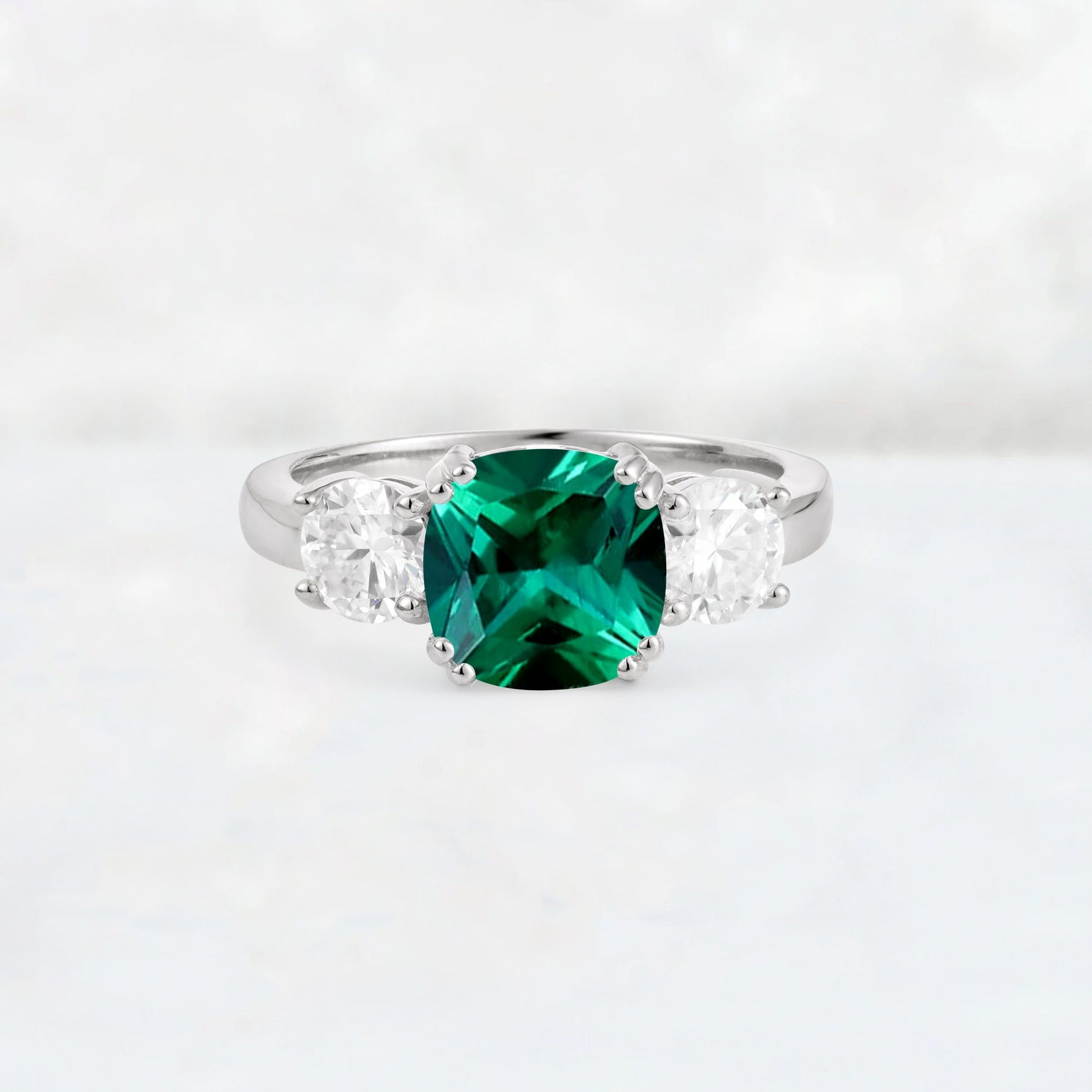 Cushion Emerald Round Side Stone Three-Stone Engagement Ring - Additional view