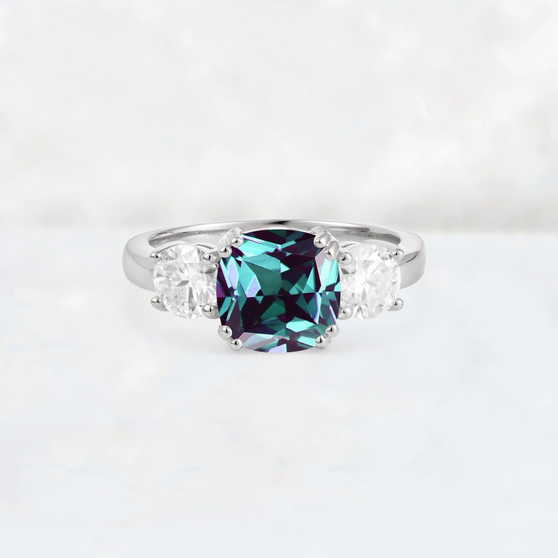 Cushion Alexandrite Round Side Stone Three-Stone Engagement Ring - Additional view