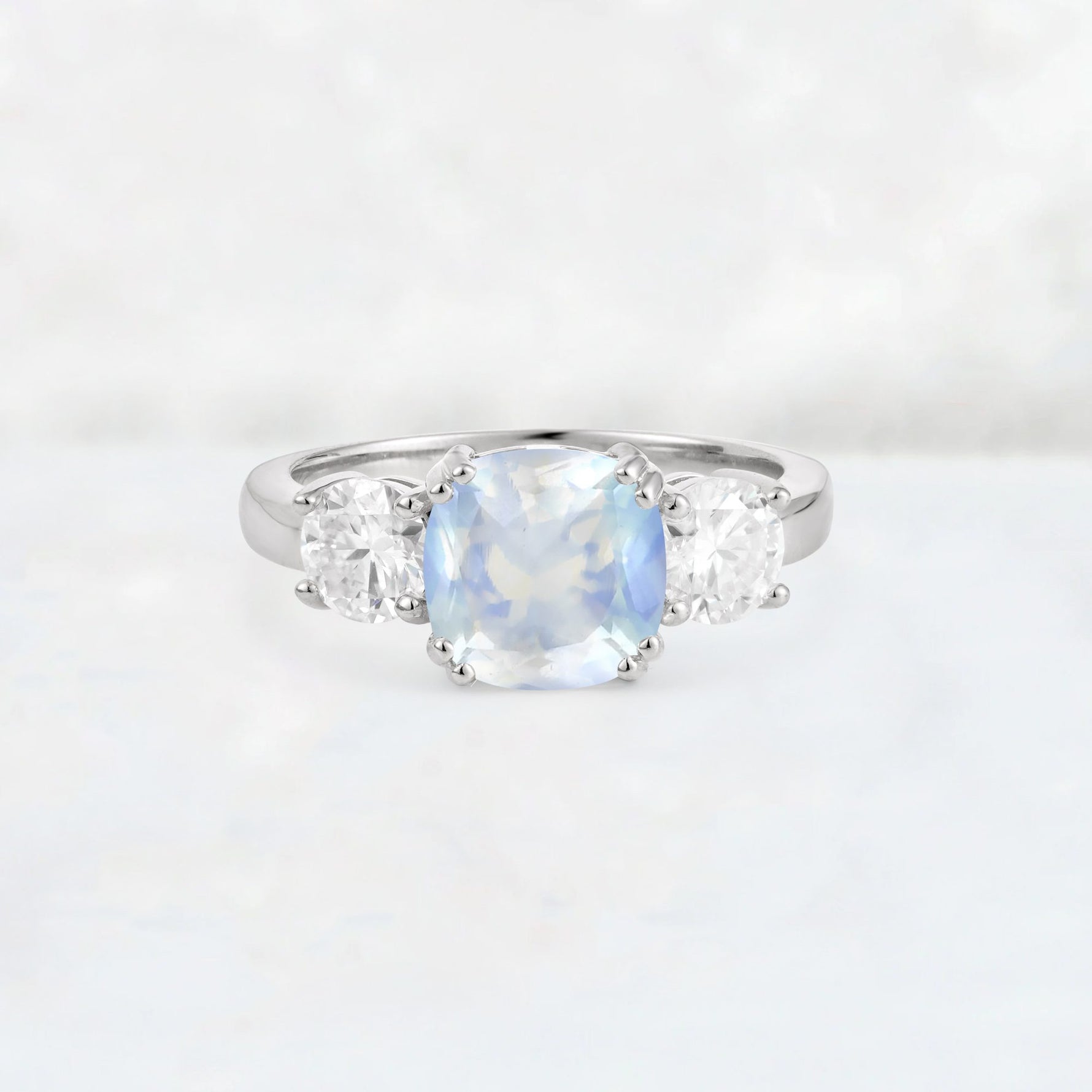 Cushion Moonstone Round Side Stone Three-Stone Engagement Ring - Additional view