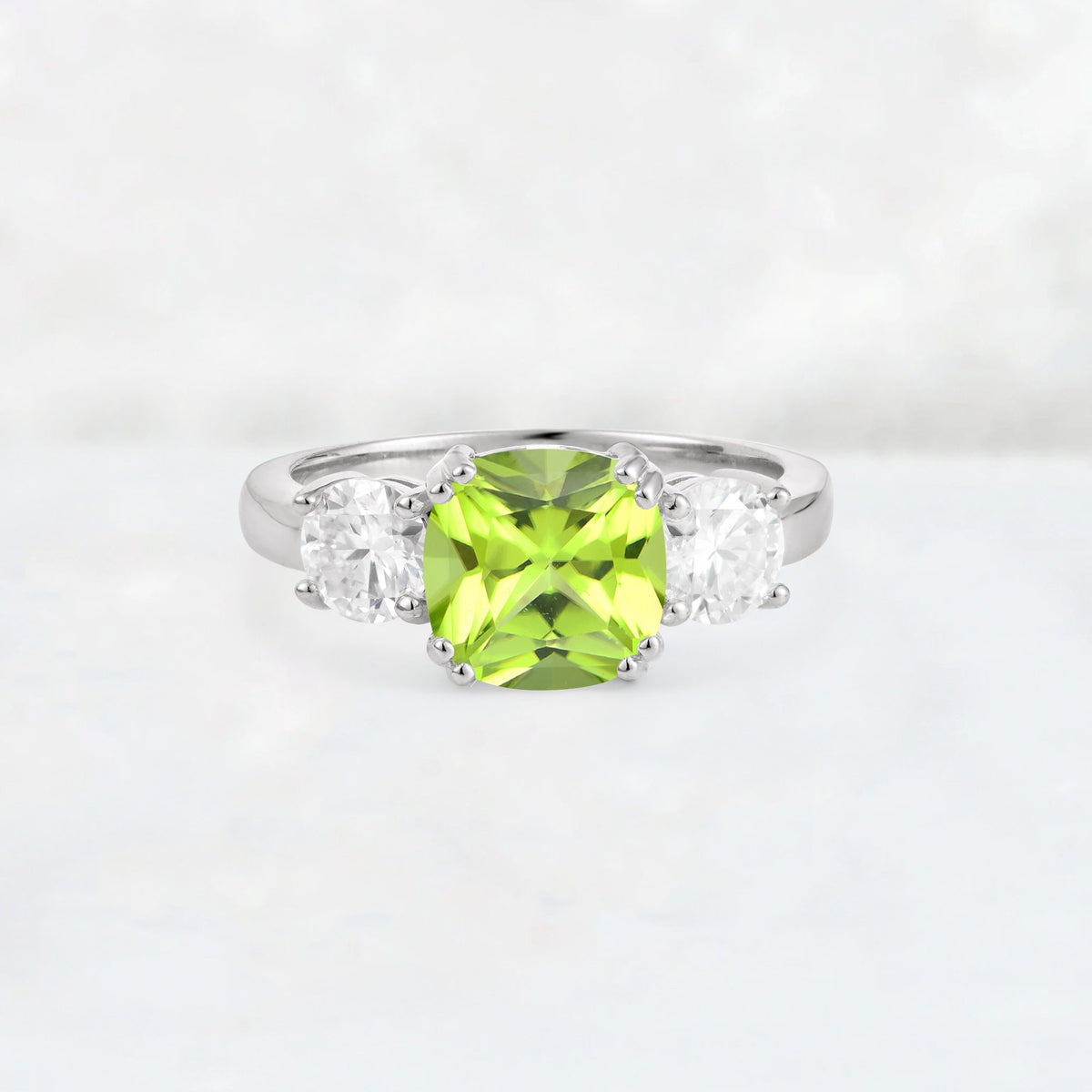 Cushion Peridot Round Side Stone Three-Stone Engagement Ring - Additional view