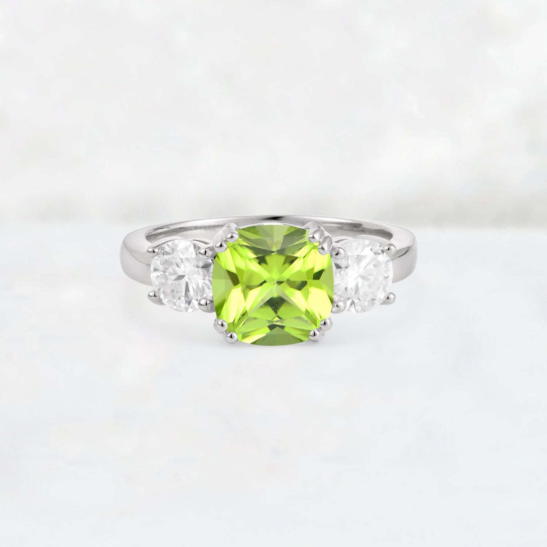 Cushion Peridot Round Side Stone Three-Stone Engagement Ring - Additional view
