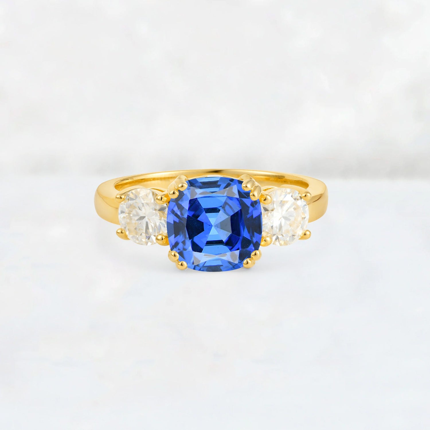 Cushion Sapphire Round Side Stone Three-Stone Engagement Ring - Additional view