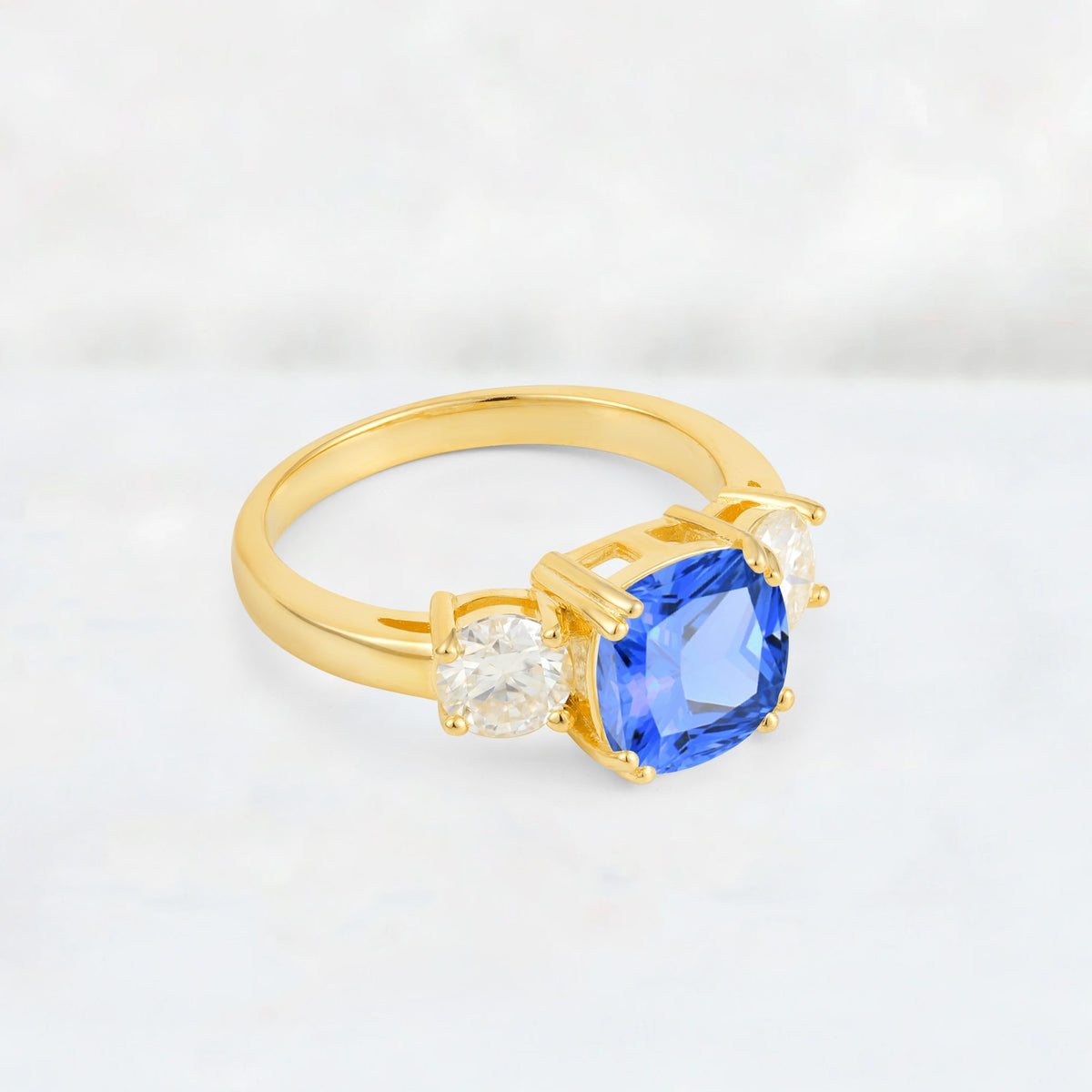 Cushion Sapphire Round Side Stone Three-Stone Engagement Ring - Additional view
