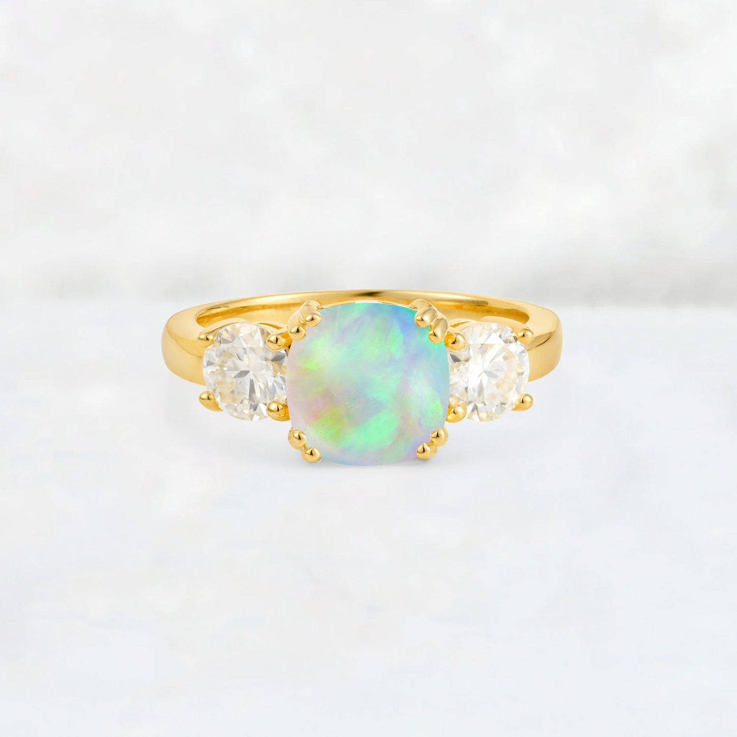 Cushion Fire Opal Round Side Stone Three-Stone Engagement Ring - Additional view