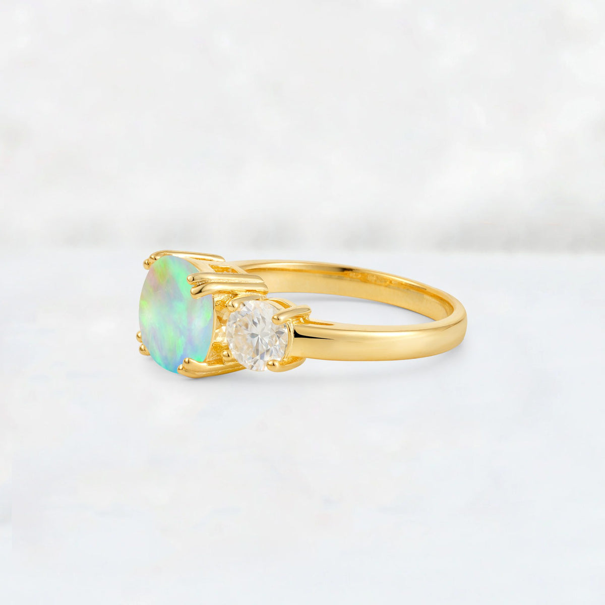 Cushion Fire Opal Round Side Stone Three-Stone Engagement Ring - Additional view