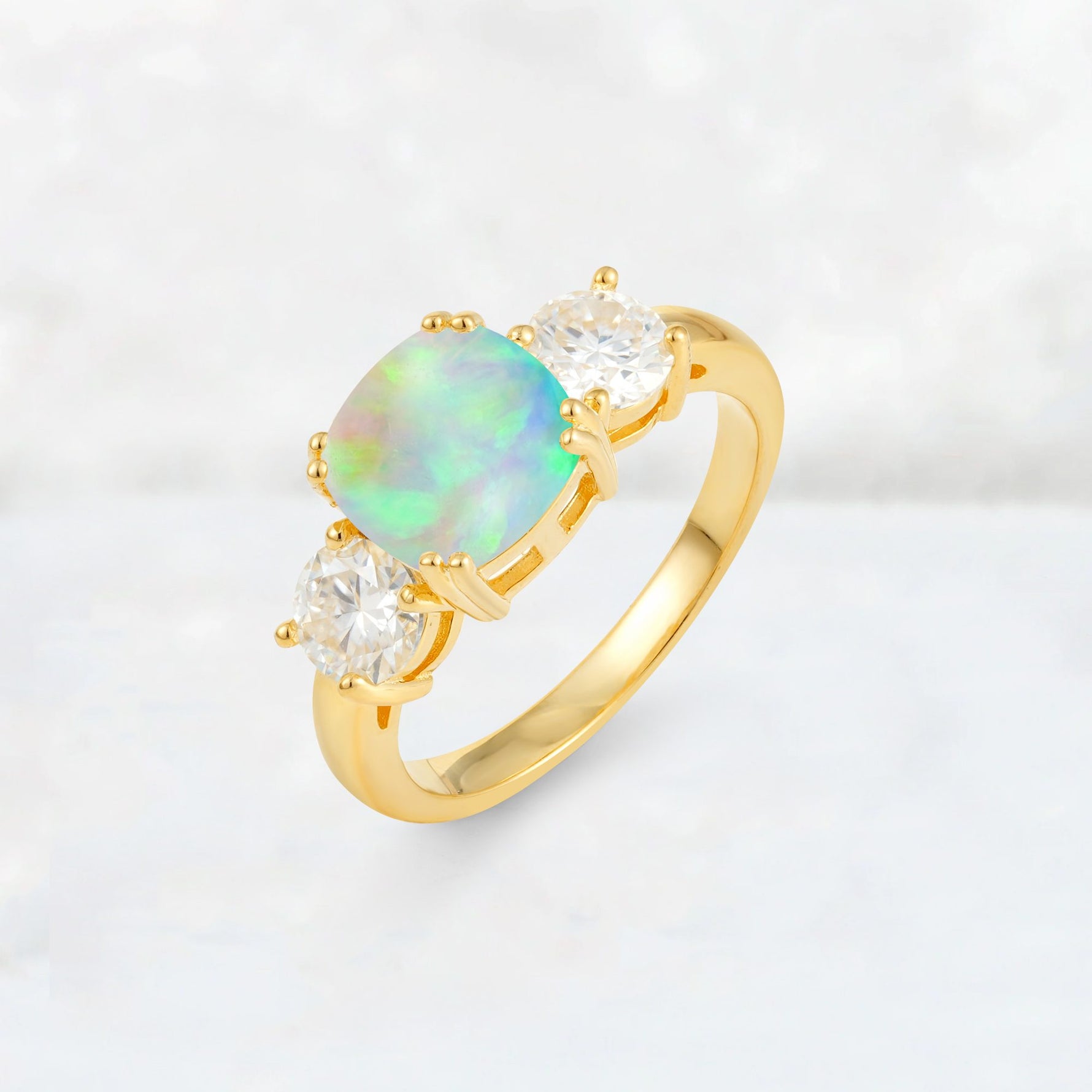 Cushion Fire Opal Round Side Stone Three-Stone Engagement Ring - Additional view